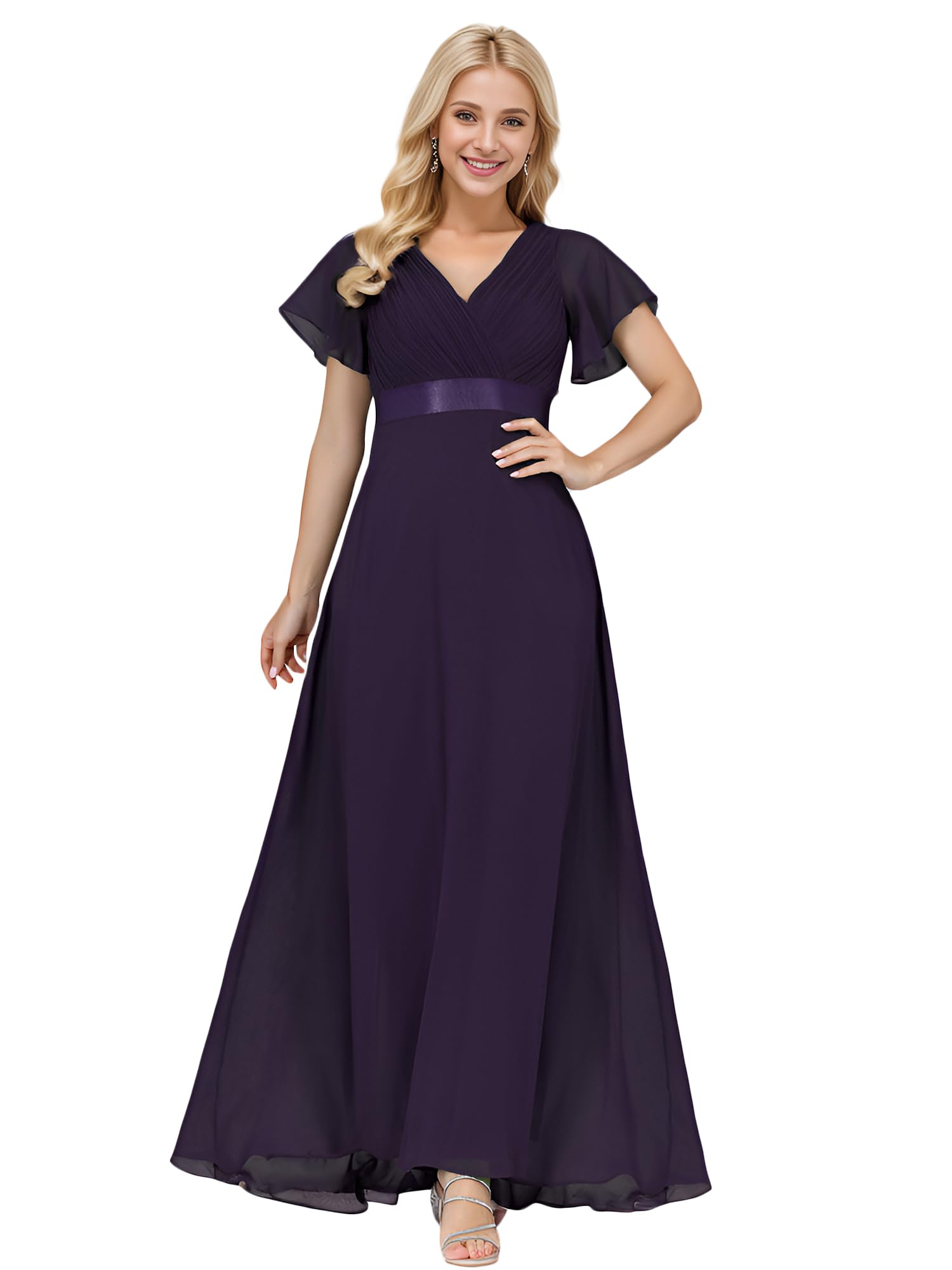 Ever-Pretty A-línea Vestido de Fiesta Cuello en V Manga Corta Gasa Corte Imperio para Mujer 09890