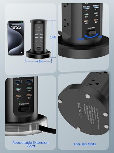 Miniatura 7 de Estación de carga USB de 115 W, torre de regleta de alimentación con protector de sobretensiones, 9 salidas de CA con 8 puertos USB (4 USB-C), cable