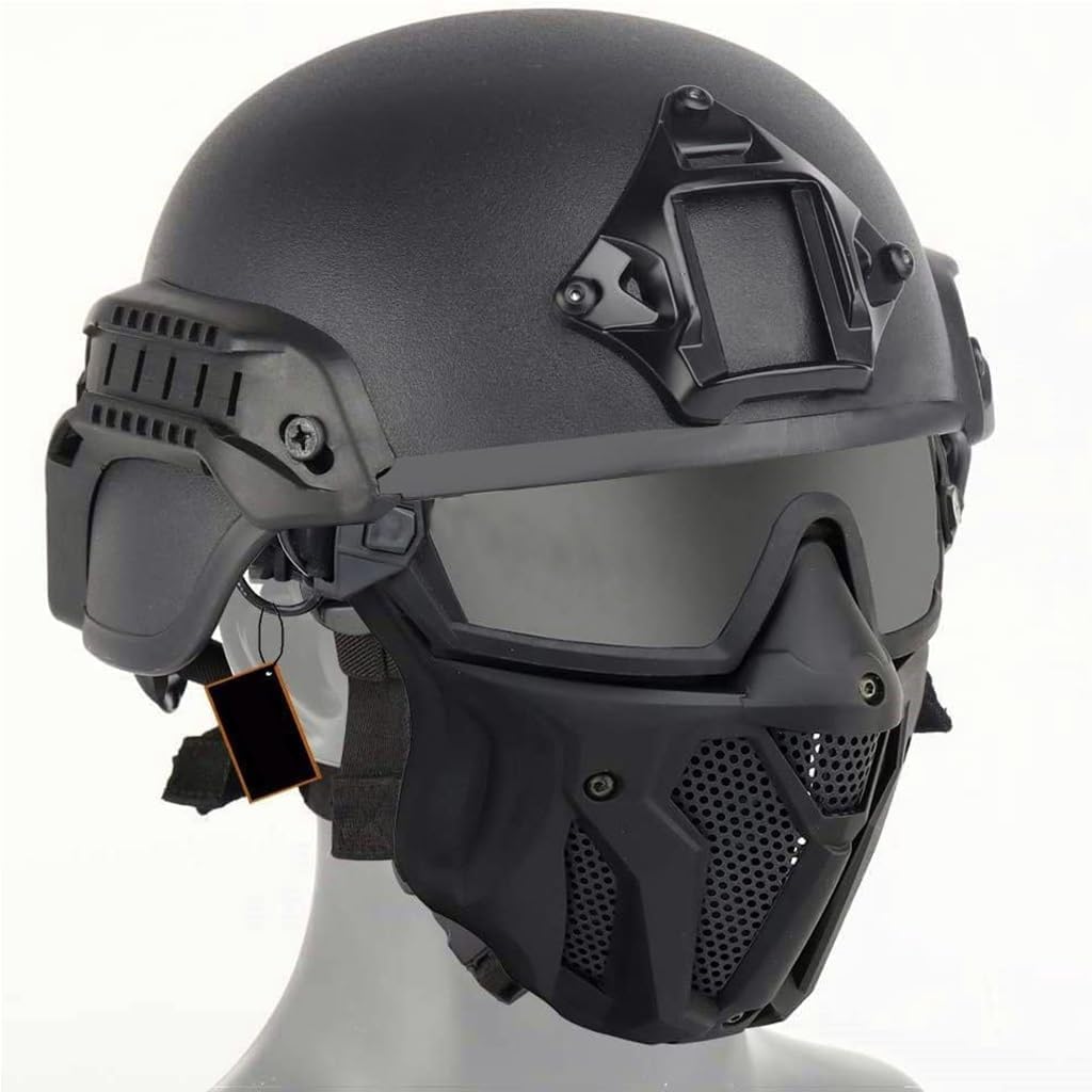 Tactical Airsoft PJ Helmet and Full Face Protection Air Gun Mask,with Detachable Anti-Fog Goggles for Air Gun Paintball CS Game (Color : BK)