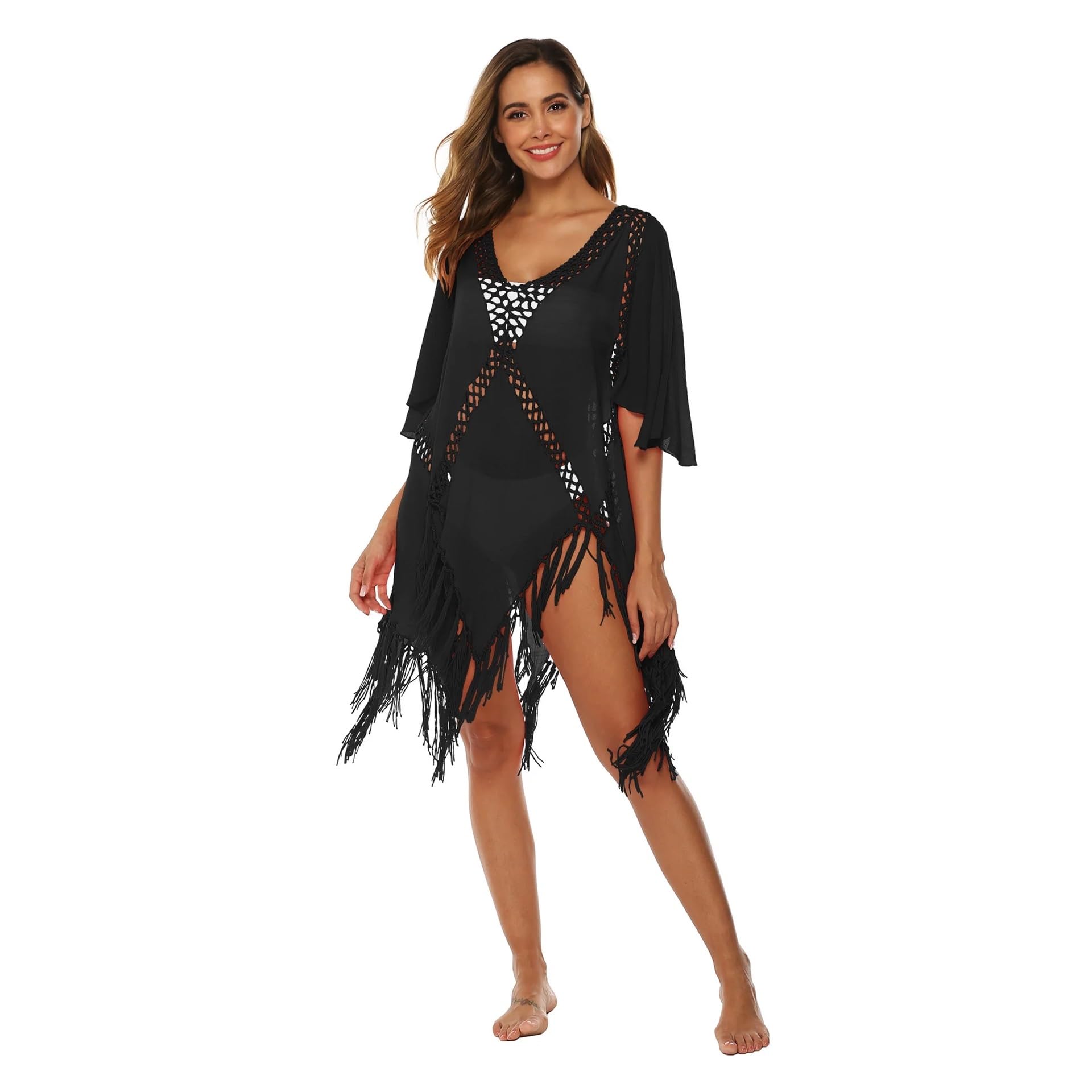 Copricostume Donna Abito da Spiaggia Senza Schienale con Nappe for Donna, Scollo a V, Costume da Bagno, Abbigliamento da Spiaggia, Estate(Black)