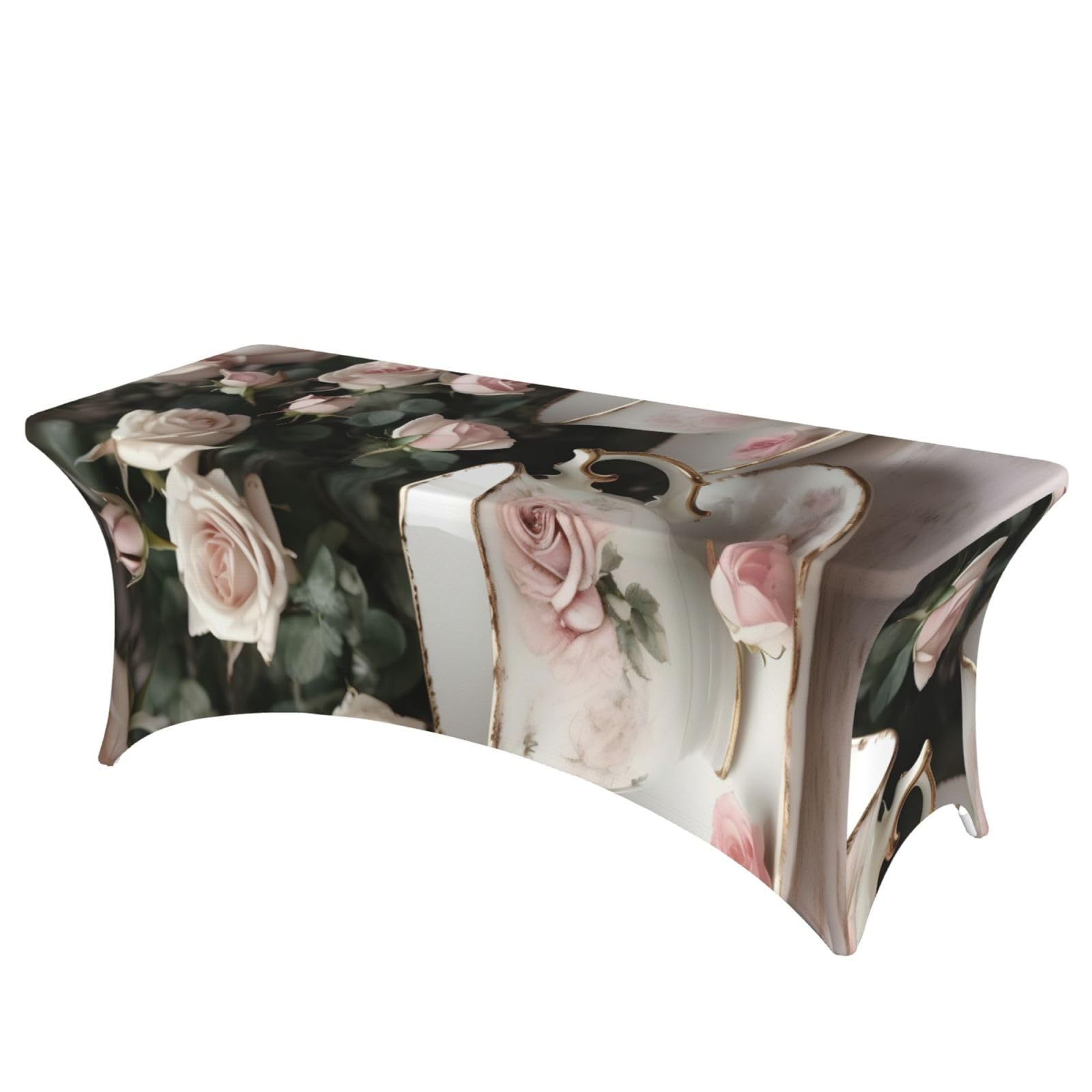 NImongt Tea Cups With Roses Romantic Shabby Print Elastic Rectangular Tablecloth Holidays Family Banquet Wedding Party Table Cover