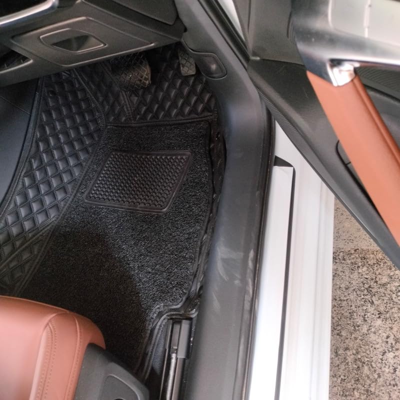 Image of 7D Premium Car Floor Mat Compatible with BMW M4||Luxury Leather Double Layered Mat||Set of 3pcs||Waterproof and Washable||Colour:-Coffee with Golden(Coffee Grass)