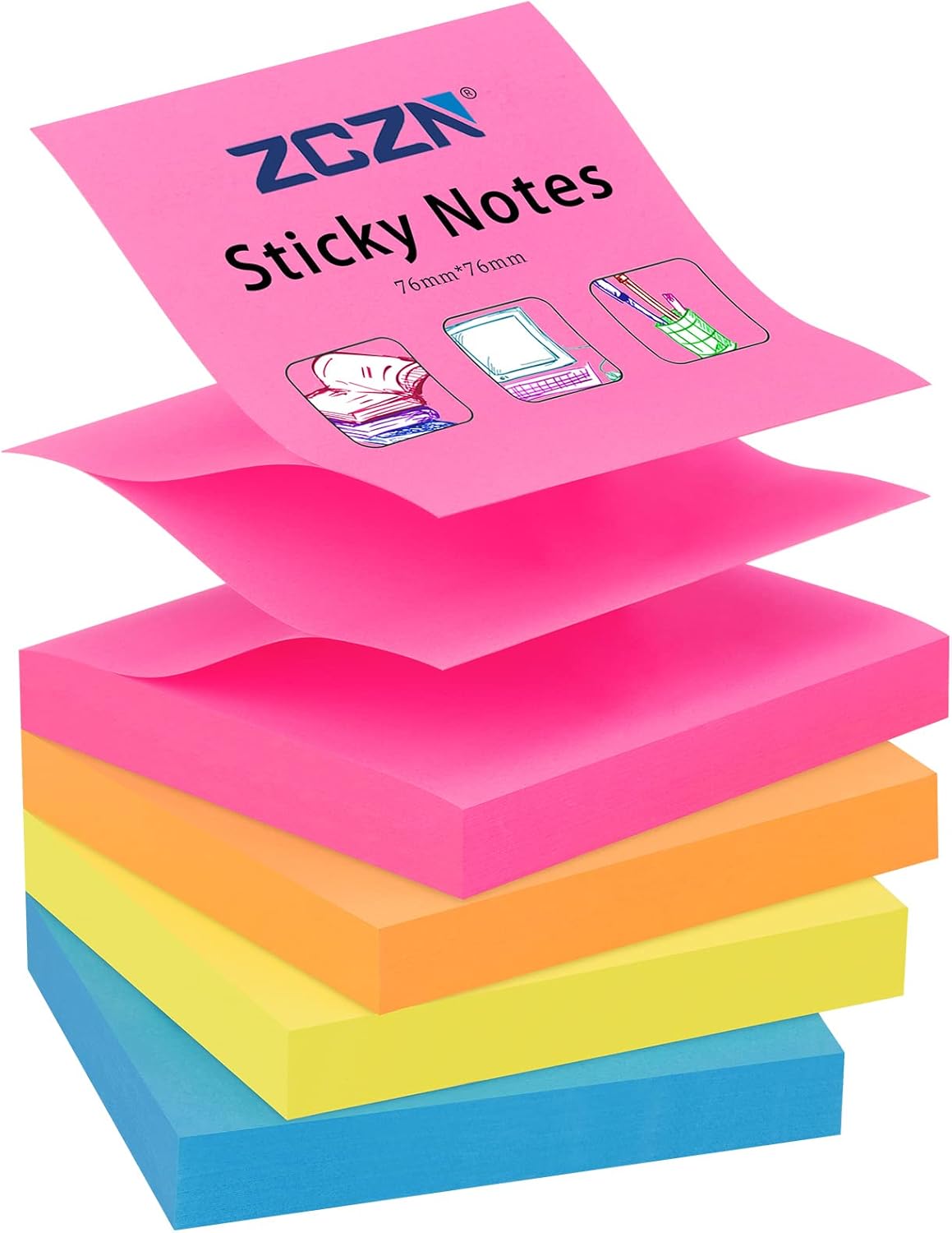 ZCZN Pop-up Sticky Notes 76 x 76 mm, 4 Pads Assorted Colours Self-Stick Notes, 100 Sheets/Pad (Rose Red,Yellow,Blue,Orange)