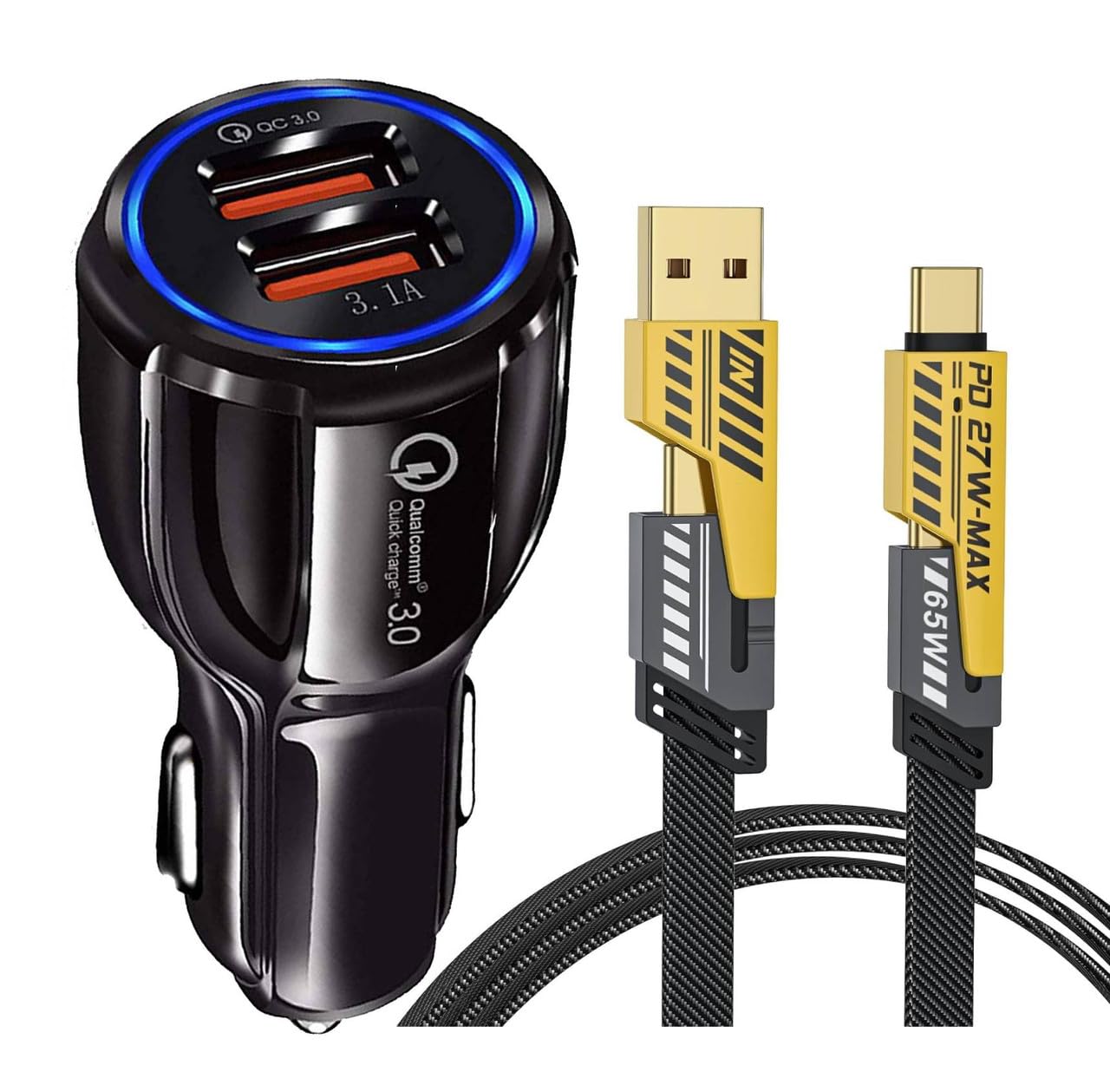 30W Car Charger for Mini Cooper John Cooper Works 3-Door Hatch Dual USB Port Car Quick QC 3.0 Smart Charger with 1.2m 4-in-1 Multi Cable iOS Type-C USB Cable (Black, SZ.M)