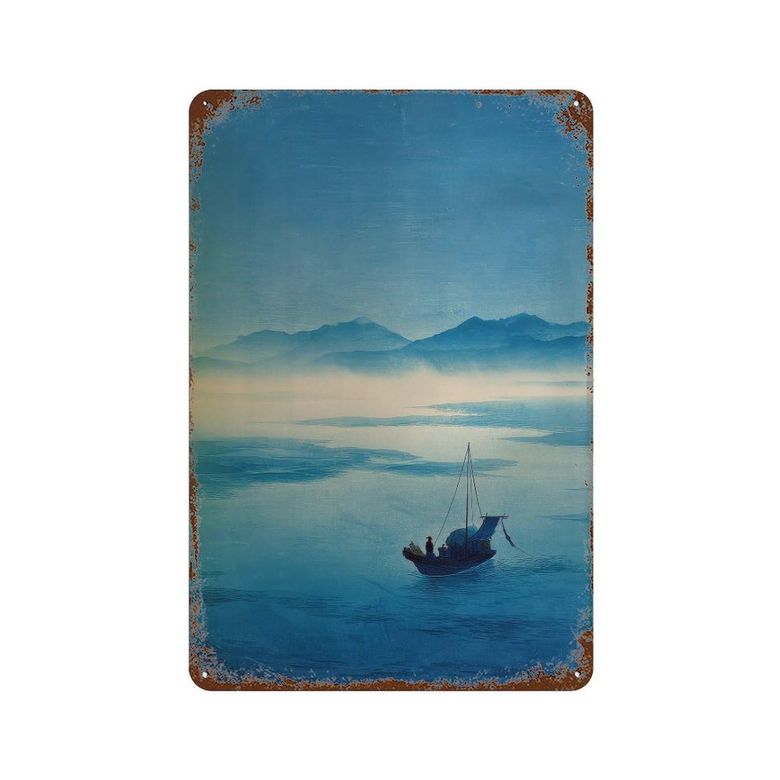 xiaoxiaoshen Boat On Misty Lake. Serene Landscape Minimalist Wall Decor Art Metal Tin Poster Modern Home Decor Art Home Bar Shop Decorations Vintage Sign 30x20cm