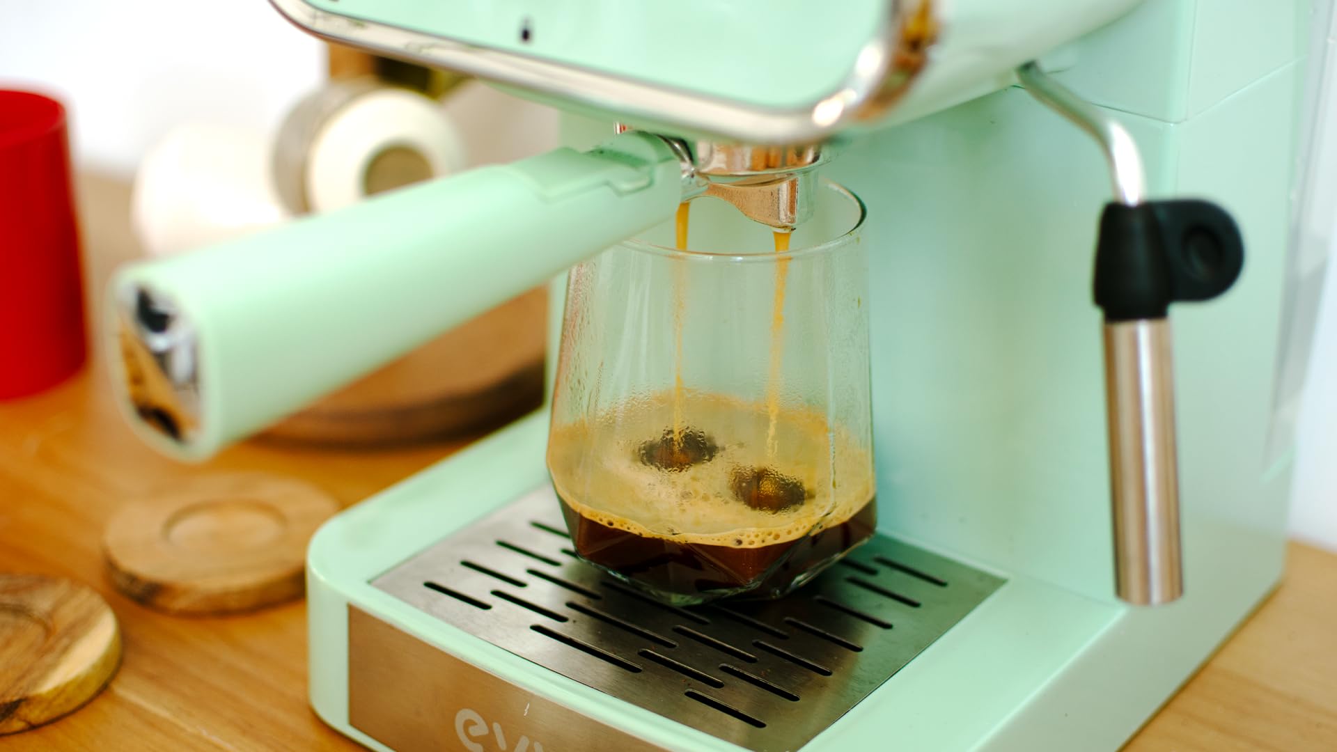 EVVO Cafetera Espresso Intensa Retro Azul - Cafetera Espresso, 15 Bares, 950W, Acero Inoxidable, Brazo Doble, Termo Block, Precalentado Rápido, 1.5L, Vaporizador, Portafiltros