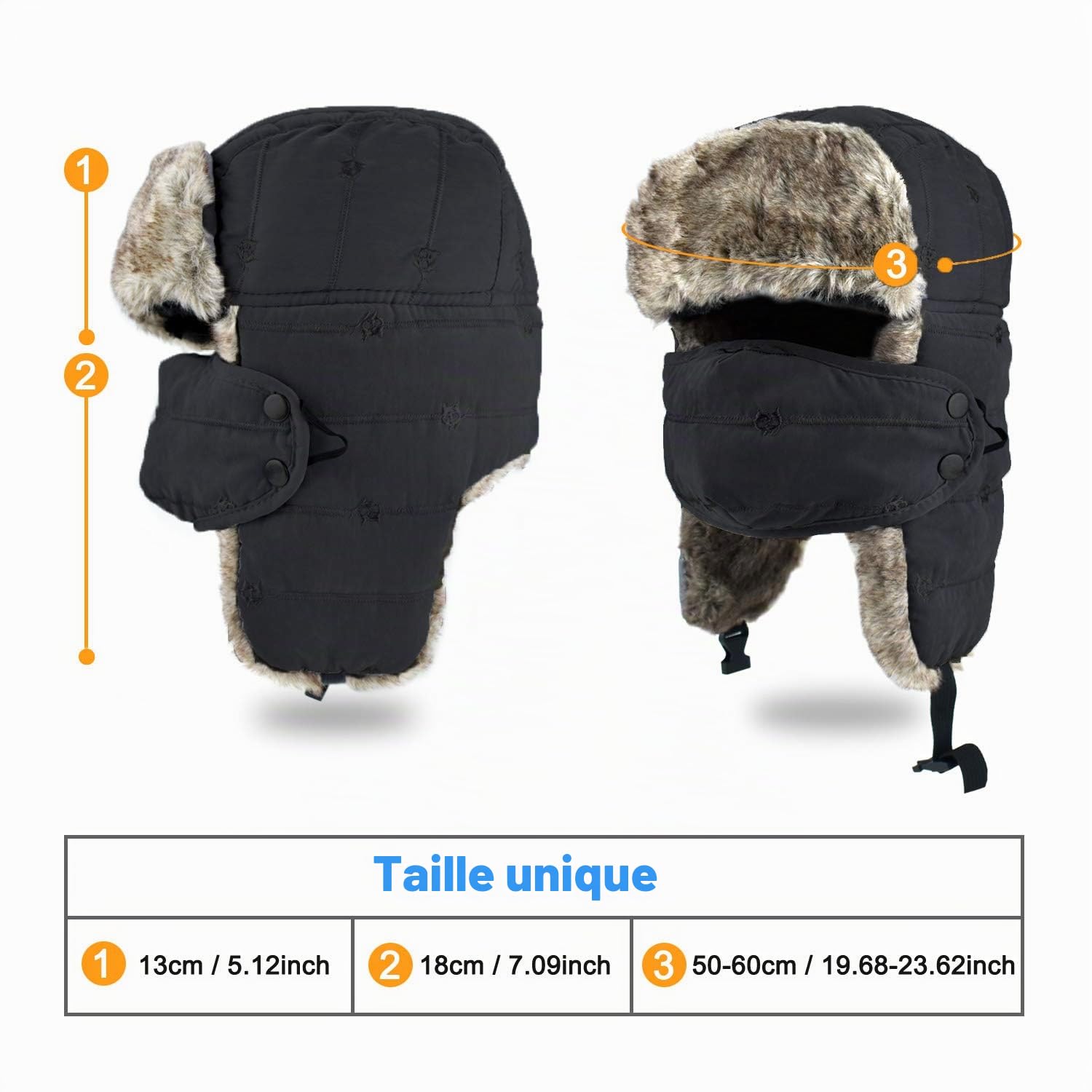 Brotou - Bonnet aviateur unisexe - En fausse fourrure - Avec cache-oreilles - Garde au chaud - Idéal pour le ski, le patinage et les activités de plein air en hiver, Noir , 60