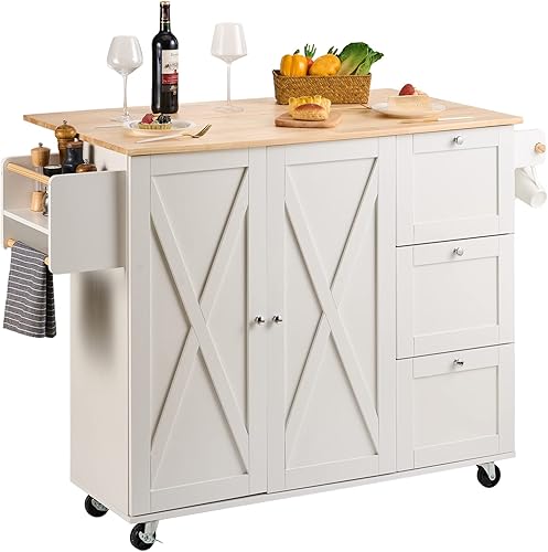 VEVOR Carrito de isla de cocina con parte superior de madera maciza, carritos móviles de 45.3 pulgadas de ancho con gabinete de almacenamiento, mesa