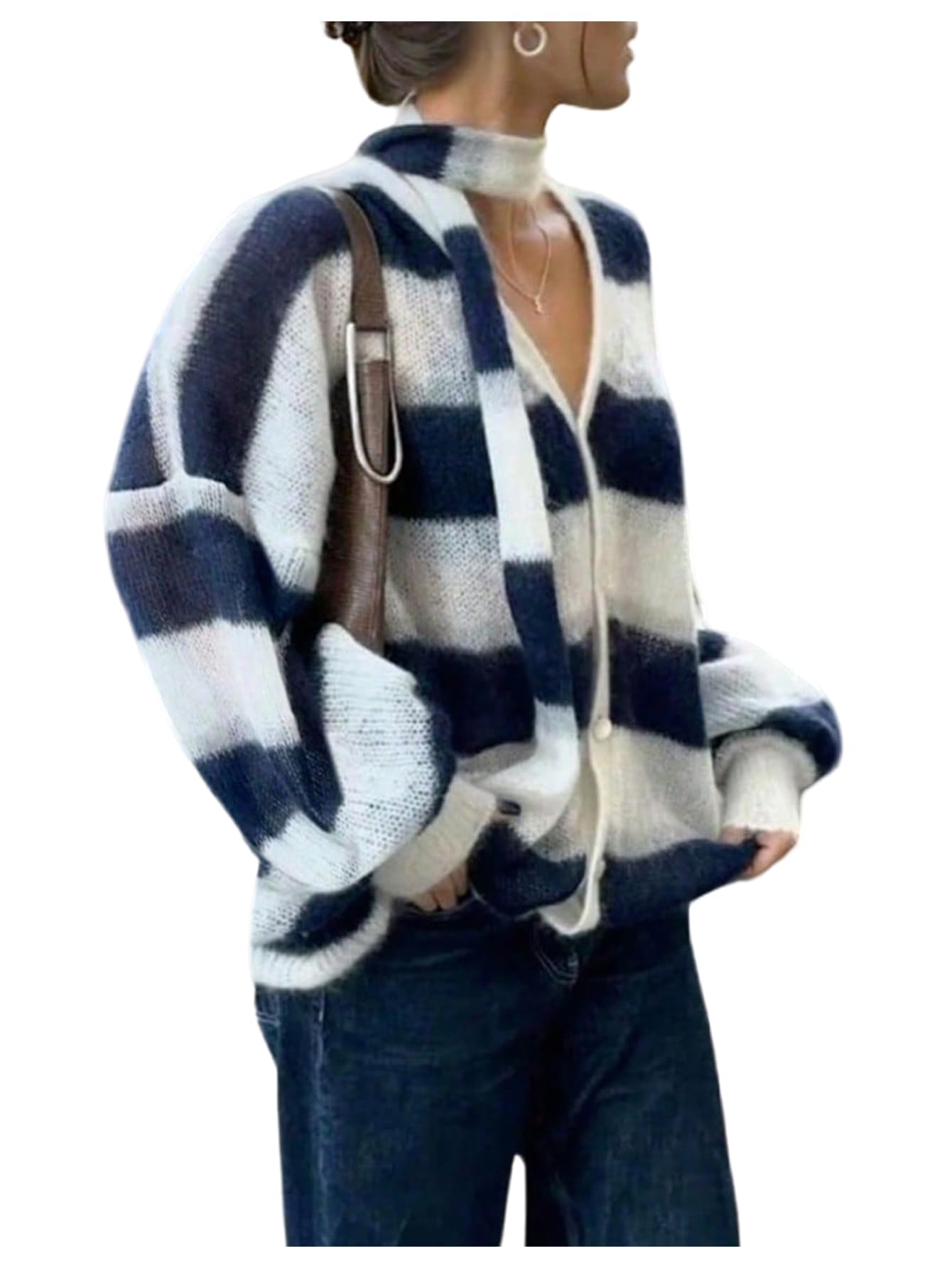SOLY HUX Womens Color Block Button Up Knit Cardigan V Neck Oversized Sweater Top with Scarf