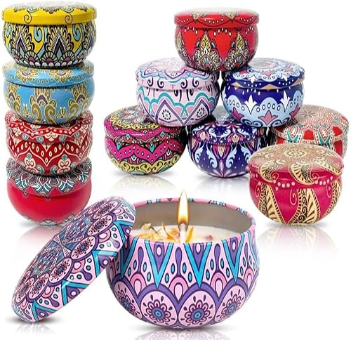 Scented Candles Set, Decorative Tin, Handmade Soy Wax, Bohemian Pattern, 15-20 Hours Burn Time, Smokeless, 12 Pack