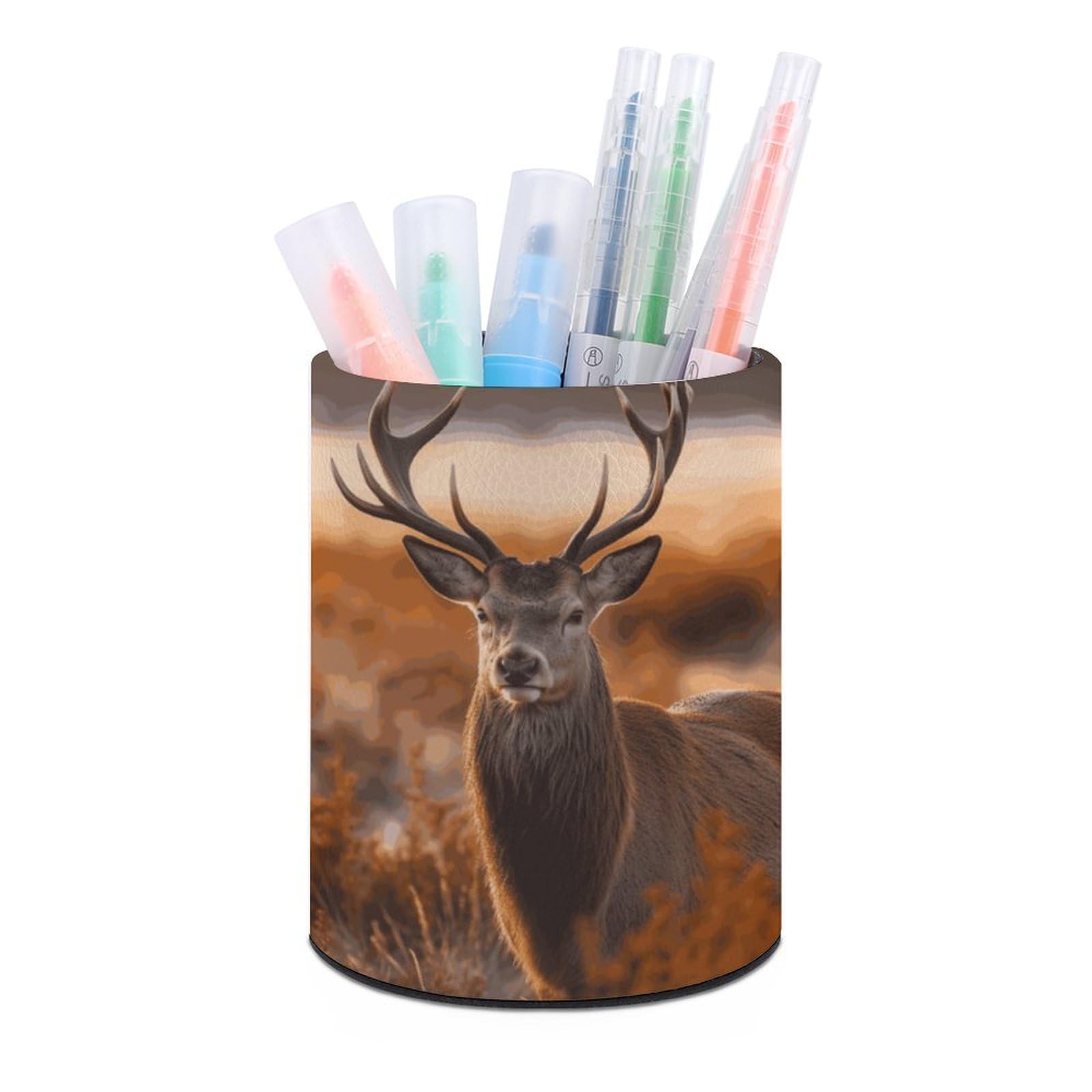 VstaDank Antler Red Deer Pen Holder PU Leather Pencil Cup Minimalist Desk Pencil Holder Round Make Up Brush Organizers For Office Dorm Room&Vanity Desk Accessories