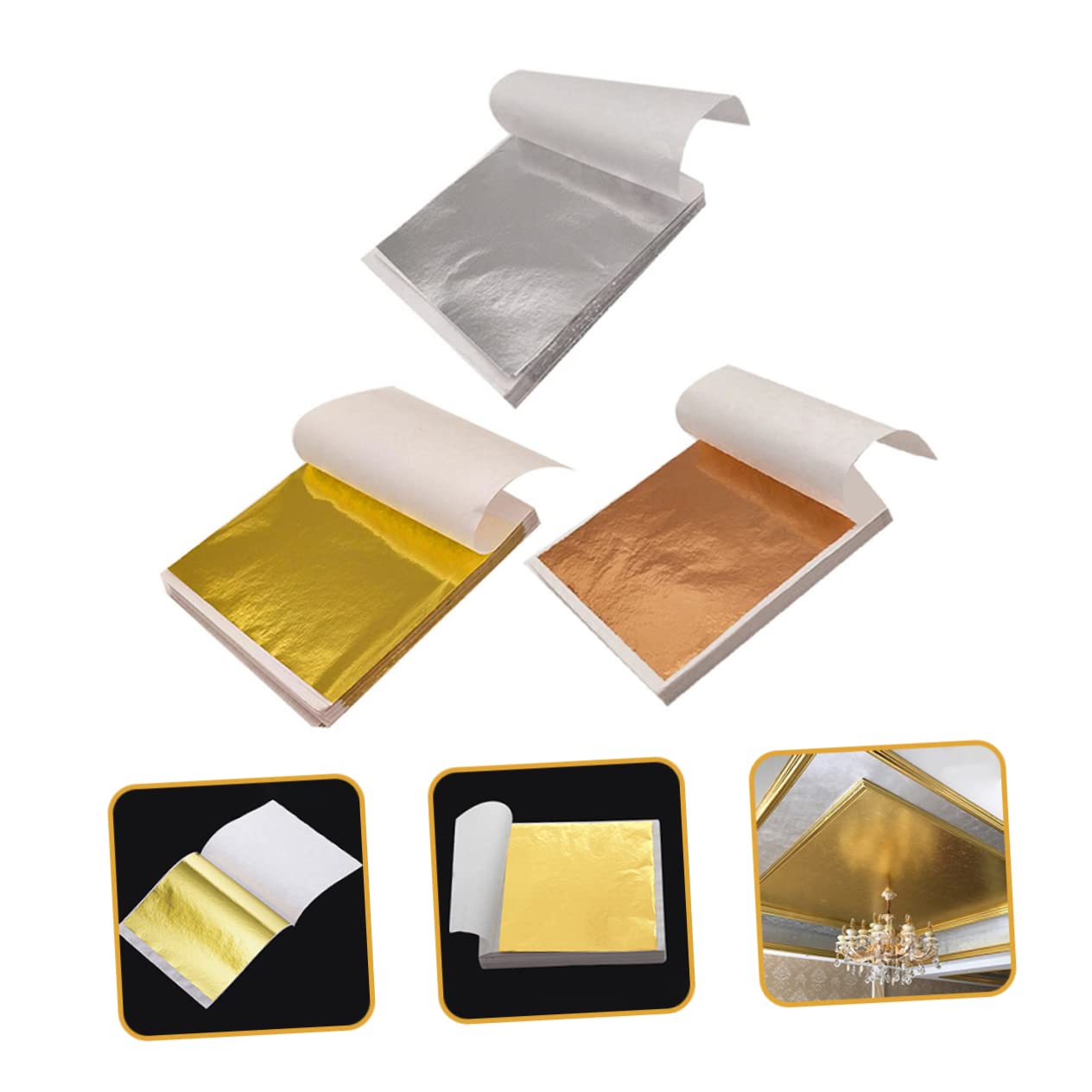 Housoutil 900 Blatt Goldfolien Flocken Imitation Blattgold in Gold Silber Roségold Vielseitig für Basteln Vergoldung Kunstprojekte DIY Dekoration und Möbelveredelung