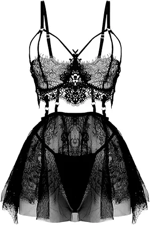 SPORCLO Plus Size Lingerie for Women Lace Black Babydoll Sexy Mesh High Waisted Nightdress Strappy Exotic Sleepwear