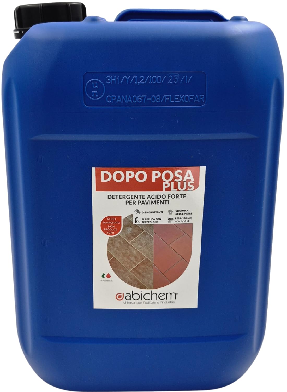 ABICHEM Detergente Acido Forte per Pavimenti DOPO POSA PLUS 10L | Molto Concentrato, Acido Tamponato, Non Produce Fumi, Alta Resa