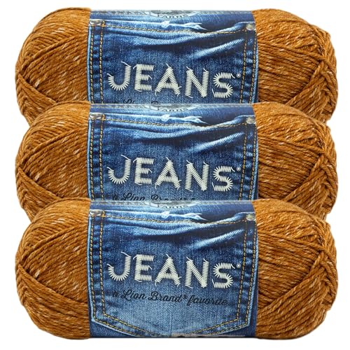 Image of Lion Brand Yarn, Jeans Soft Knit & Crochet Yarn, Top Stitch, Brown, 3 Pack
