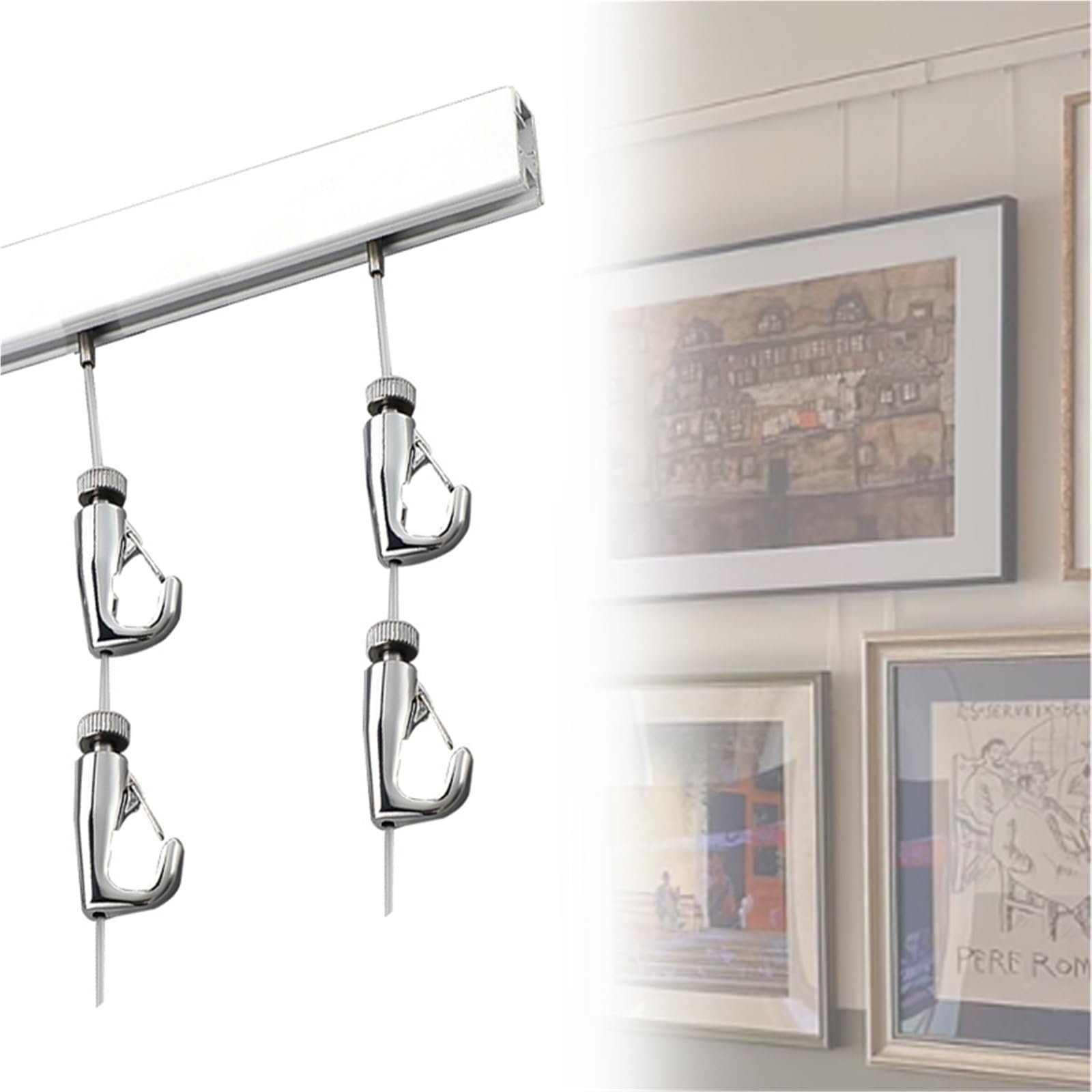 Sistema ajustable para colgar cuadros con ganchos de riel y alambre para configuración de pared de galería, fotografías, dibujos y marcos