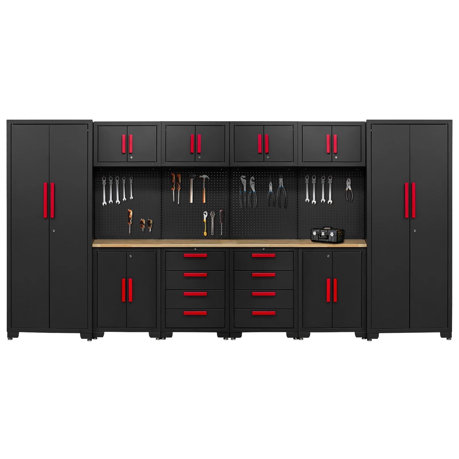 Garage Storage Cabinet System - 2 * 6-Pcs Workshop Set with Steel Cabinet Drawers, Tool Chest, Workbench, Pegboard for Tool Organization