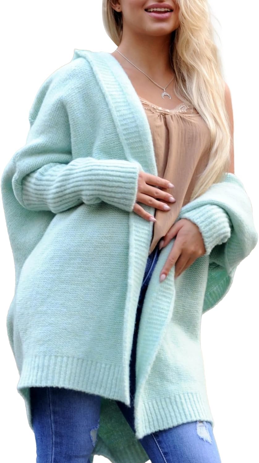 Knitted Hooded Sweater for Womens Casual Open Front Cardigan Winter Sweater Batwing...
