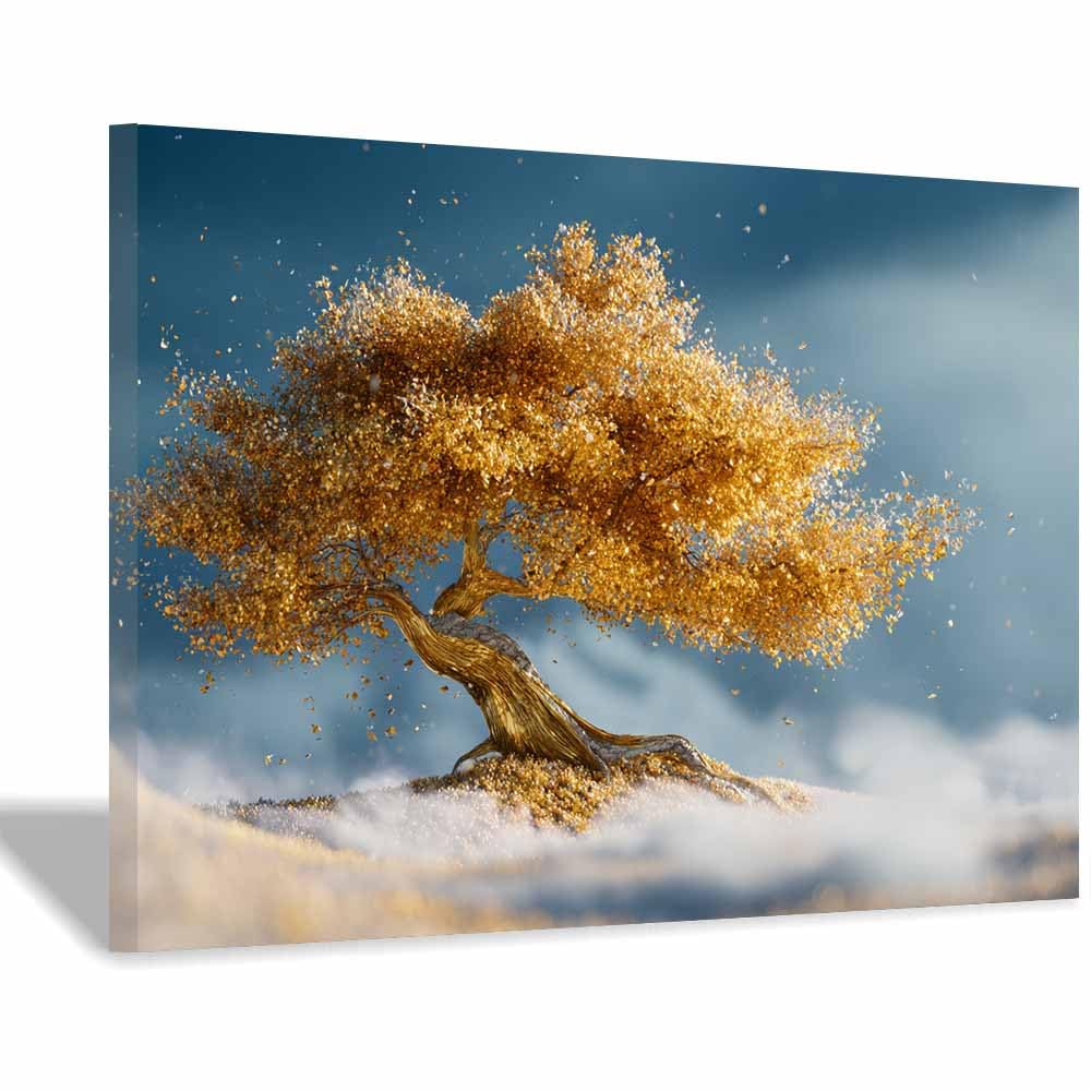 ZAMAEIU Drzewo życia obraz na płótnie obraz złoty spadające drzewo plakat natura sztuka, odpowiedni do łazienki, salonu, sypialni, biura. (złoty)-50 x 70 cm w ramie