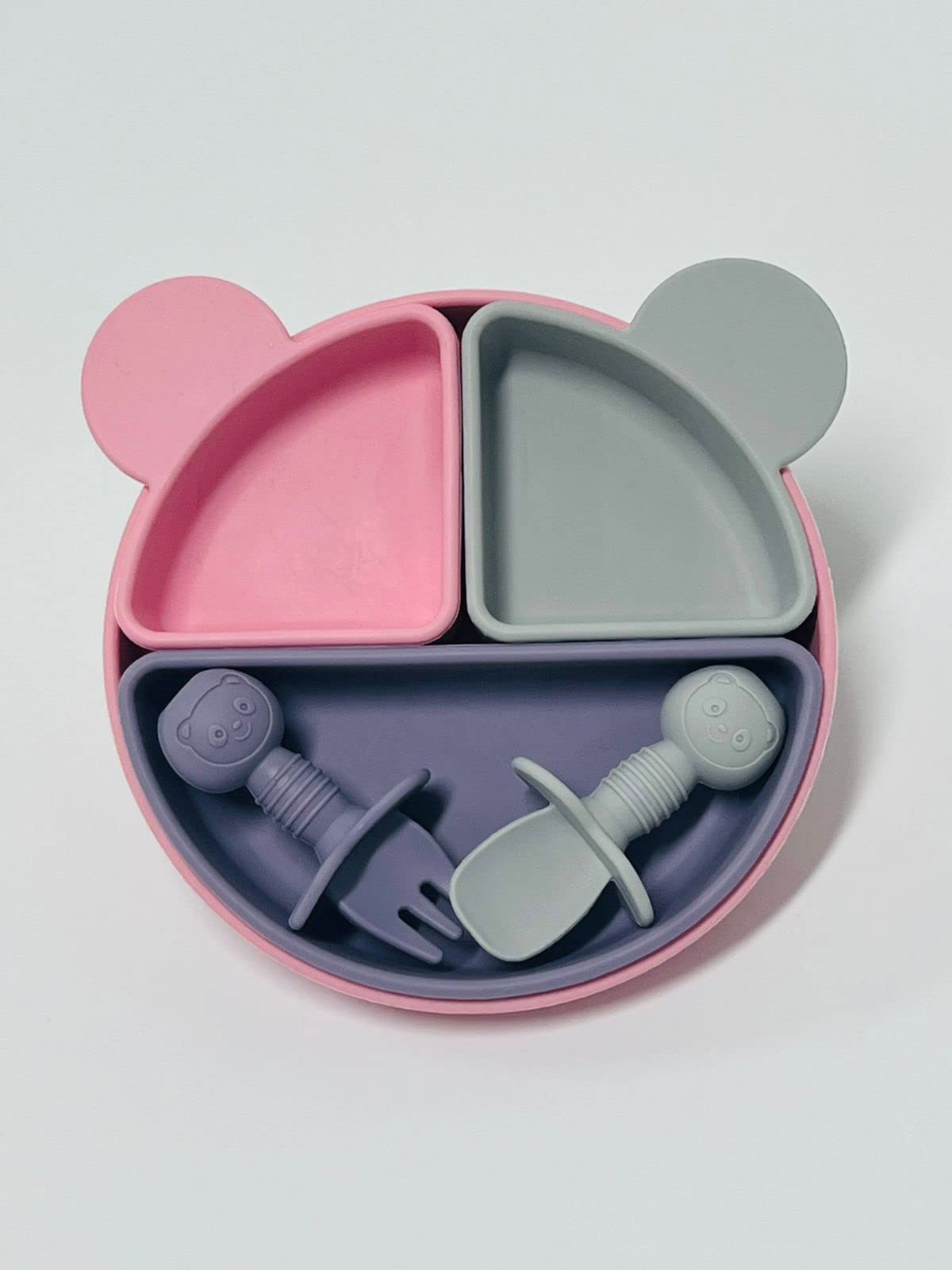 MIX COLOR SILICON BABY FEEDING SET, BABY EATING SUPPLIES, BABY LED WEANING SUPPLIES (Pink Grey Purple)