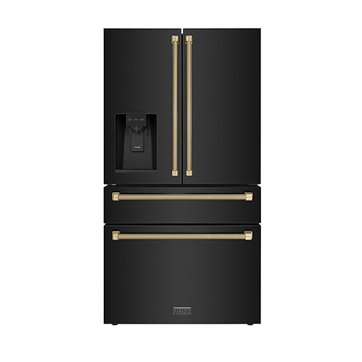 ZLINE Autograph Edition 36 in. 21.6 cu. ft. Counter-Depth French Door Refrigerator with Water and Ice Dispenser in Fingerprint-Resistant Black Stainless Steel with Champagne Bronze Helix Handles
