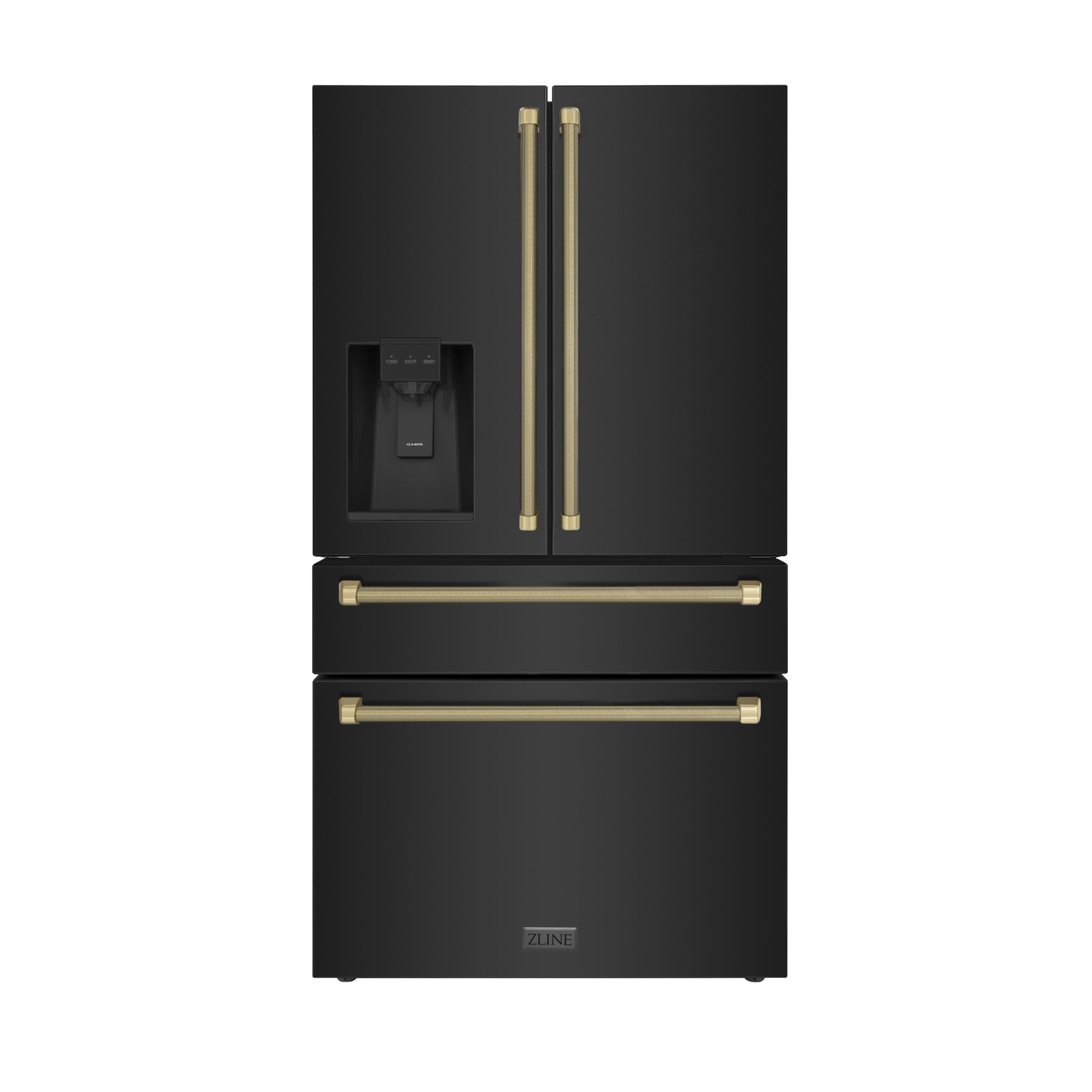 ZLINE Autograph Edition 36 in. 21.6 cu. ft. Counter-Depth French Door Refrigerator with Water and Ice Dispenser in Fingerprint-Resistant Black Stainless Steel with Champagne Bronze Helix Handles on Fridge.com