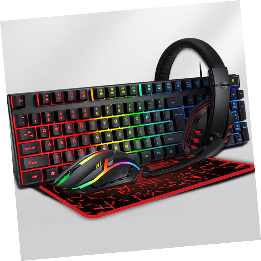 SHINEOFI Tastiera Mouse Gaming Retroilluminati con Cuffie Ergonomiche e Tappetino USB Wired per Computer e Ufficio Sostituzione Perfetta per Giocatori