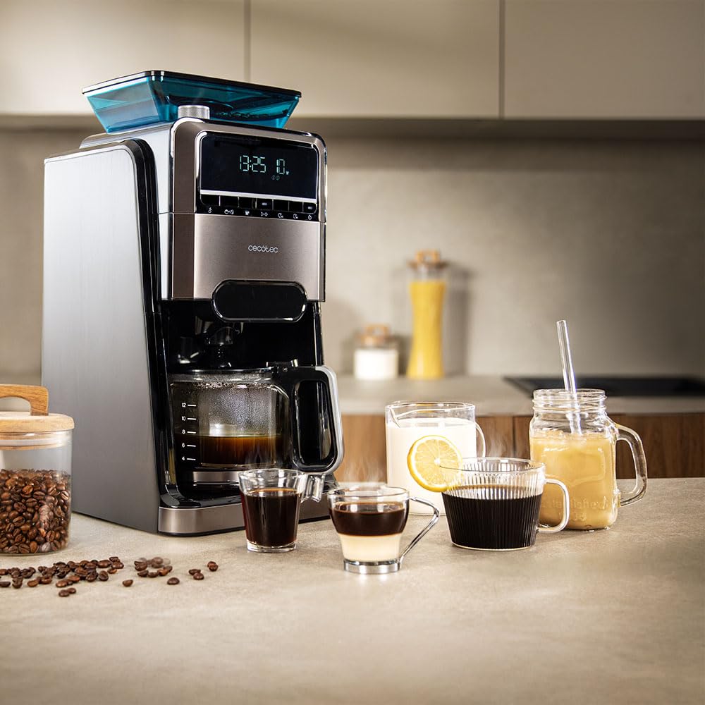 Cecotec Macchine da Caffè a Filtro Coffee 66 Grind & Brew. 1400W, 1.5L, 12 Tazze, 230g Serbatoio Chicchi, Macinacaffè Conico, 7 Livelli, Programmabile fino a 24h, Intensità Regolabile, Acciaio Inox