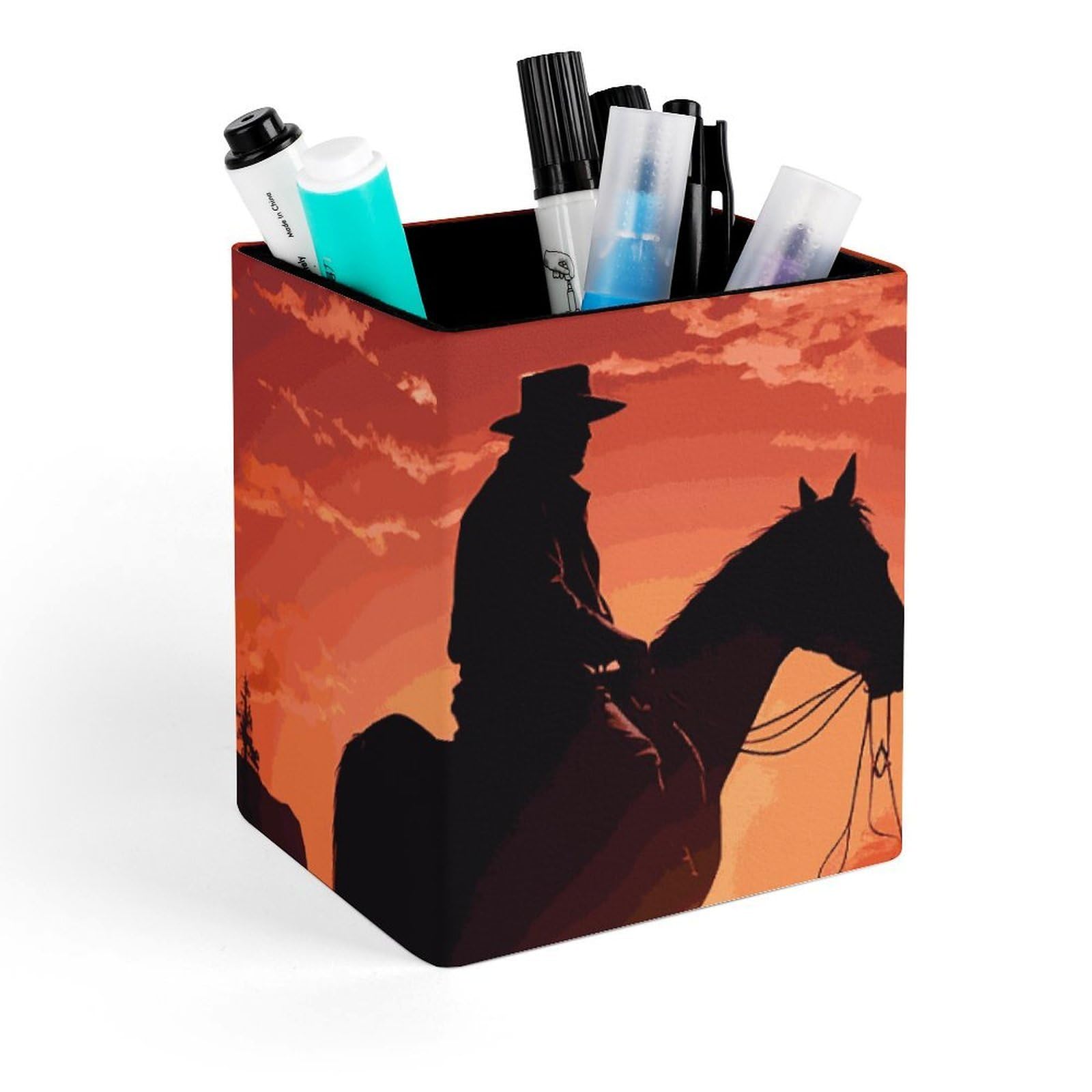FekiLoot Cowboy West Pencil Holder Square Leather Pen Holder Cup Modern Multi-Functional Pencil Cup Holder Decorative Desk Organizer Caddy Makeup Brush Holders for Desk Office