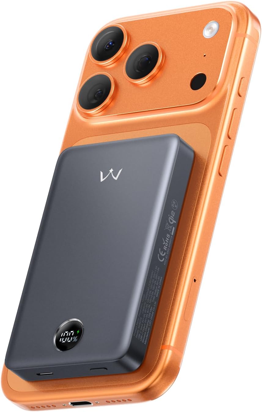 iWALK Magnetic Portable Charger, Qi2 Certified 15W Magnetic Power Bank with LED Display, 30W PD Fast Charging, 10,000mAh Battery Pack, Ergonomic Design, for iPhone 17/16/15/14/13/12 Series Gray