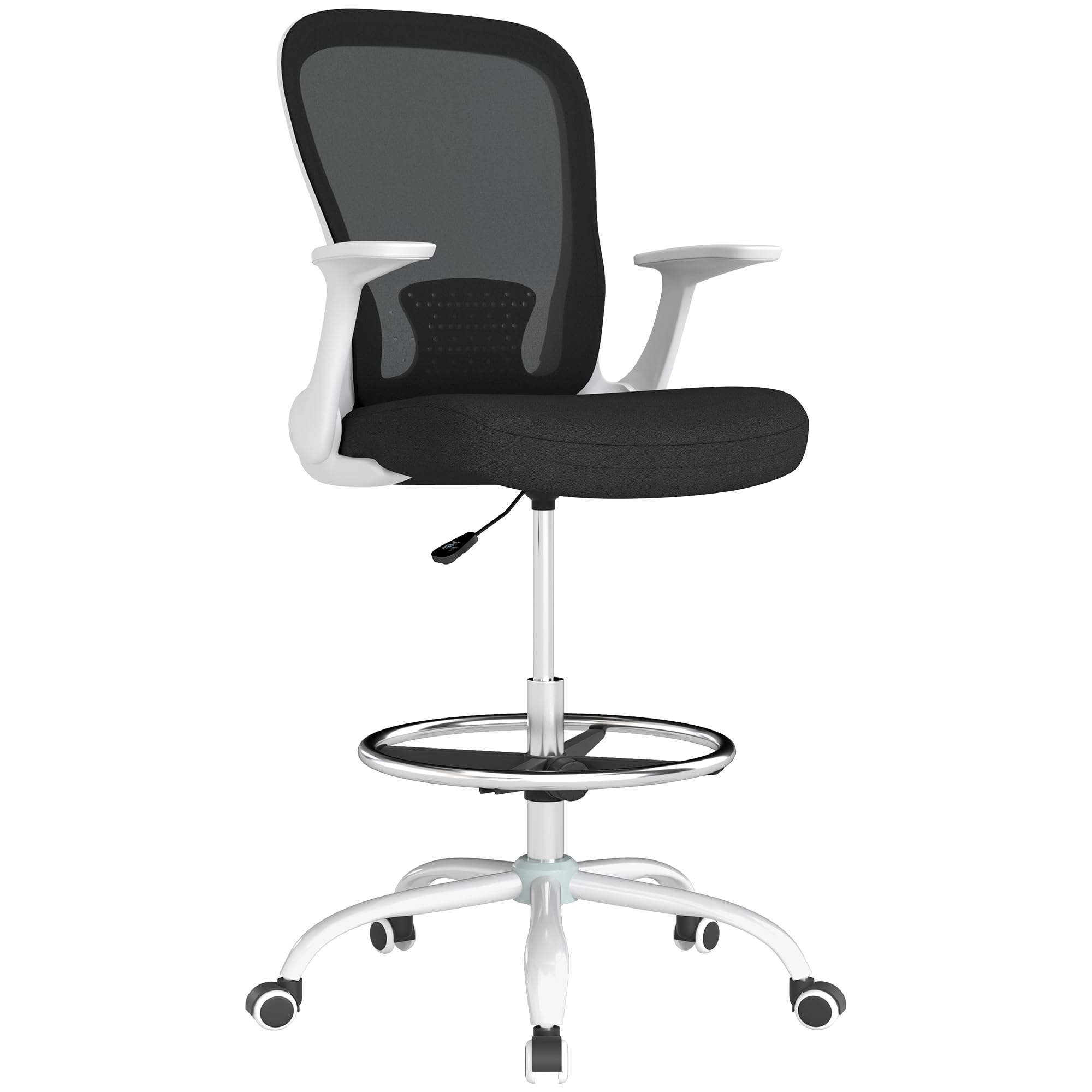 HOMCOM Chaise de bureau haute ergonomique avec accoudoirs rabattables, dossier en maille, soutien lombaire, anneau de pied réglable, roues pivotantes, pour bureau debout, noir et blanc