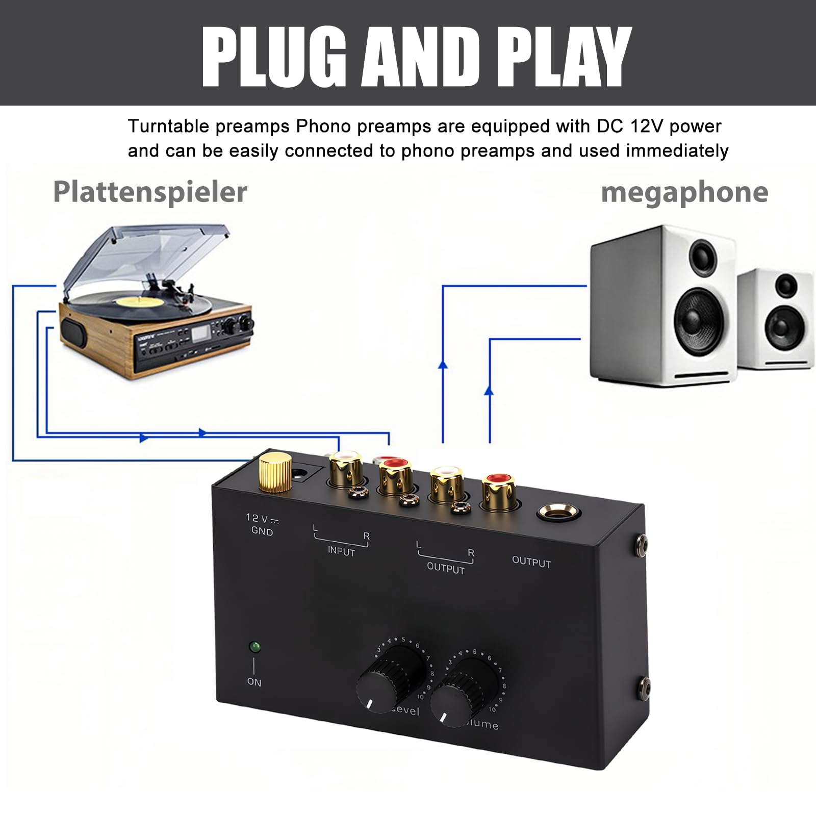 Phono preamplificatore giradischi MM con ingressi e uscite RCA, amplificatore stereo DC 12V
