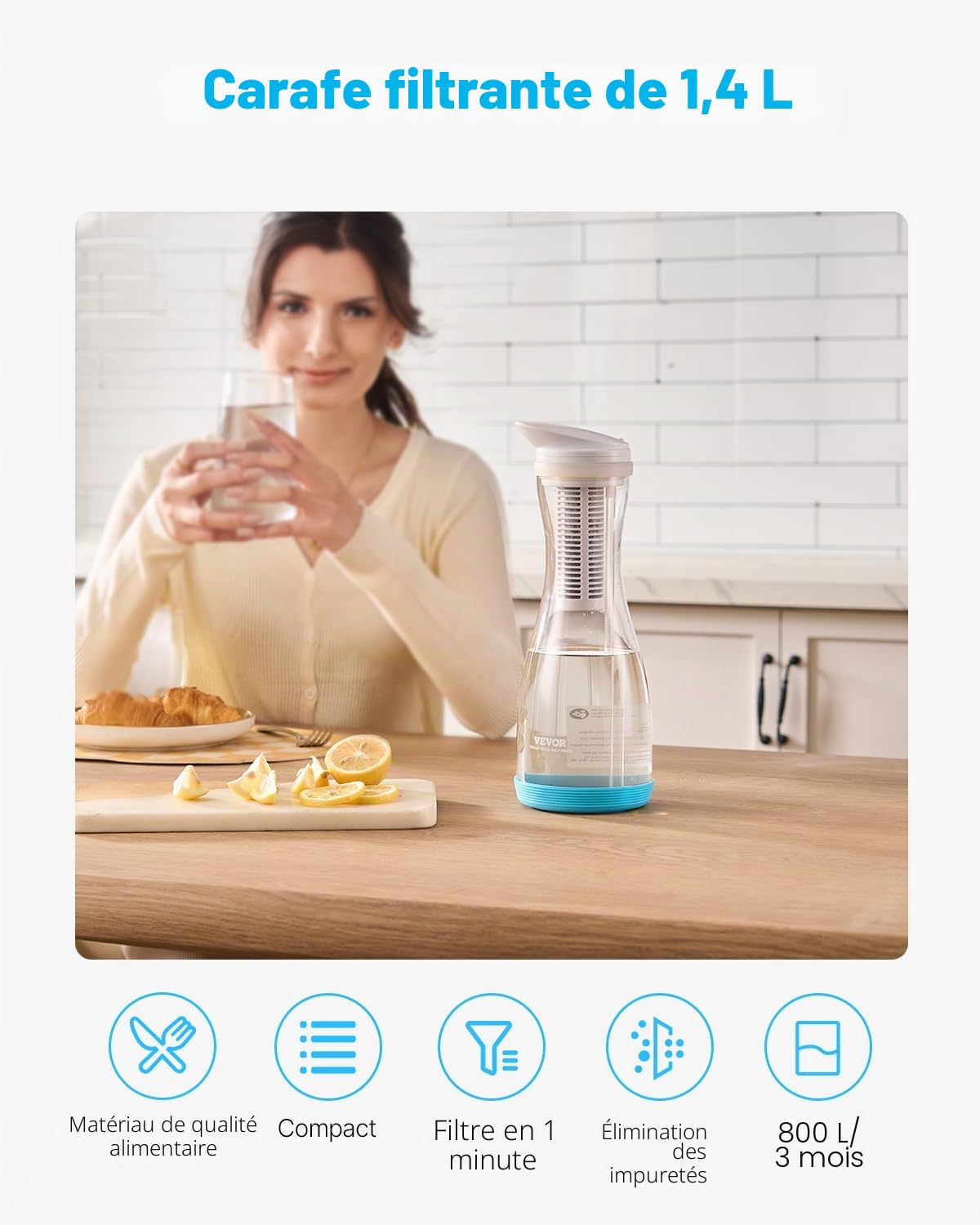 VEVOR Carafe Filtrant en Verre 6 Tasses, Pichet Filtrant Capacité de Filtre 800 L, Distributeur d'Eau Sûr sans BPA, Réduisant le Chlore, la Rouille, les Odeurs, PFOA/PFOS, pour Maison Bureau