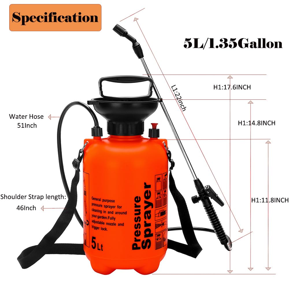 NewBeeclassic Pulverizador de jardín de 1.3 galones/5 litros, botella de agua a presión con correa ajustable para el hombro, pulverizador de presión para malas hierbas, cuidado del césped y pesticidas