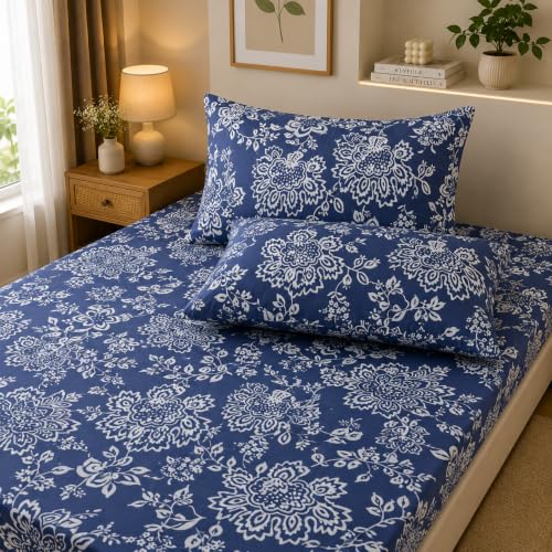 Image of 400TC Cotton Feel Glace Cotton Elastic Fitted Bedsheet Queen Size || Includes 1 Double Bed Elastic Bedsheet Queen Size with 2 Pillow Covers (60 inch x 78 inch Inches, Aarchid Blue)