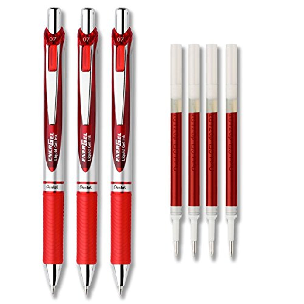 Pentel EnerGel Deluxe RTX Liquid Gel Ink Pen Set Kit Pack of 3 with 4 Refills Red -