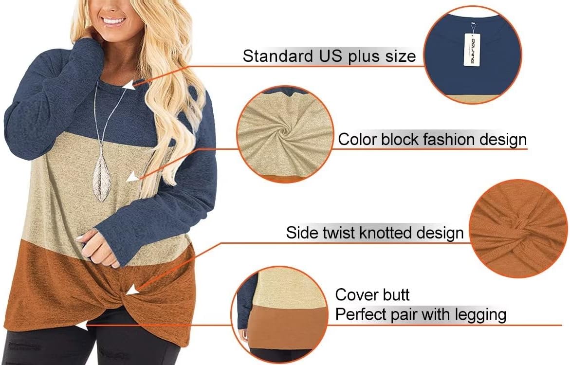 DOLNINE Womens Plus Size Knotted Tops Long Sleeve Tee Shirts Loose Casual Blouse - Image 4