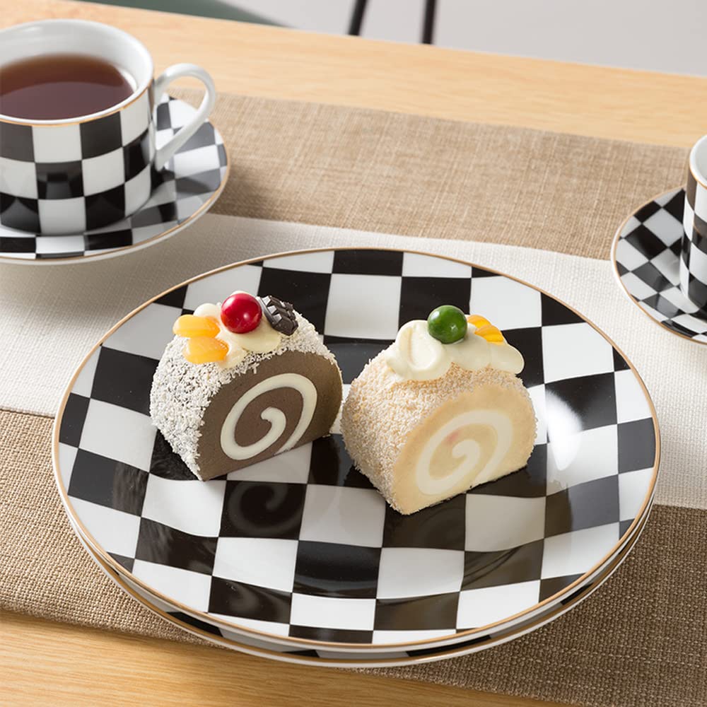 Lot de 4 assiettes à dessert rétro en céramique Motif damier Noir/blanc