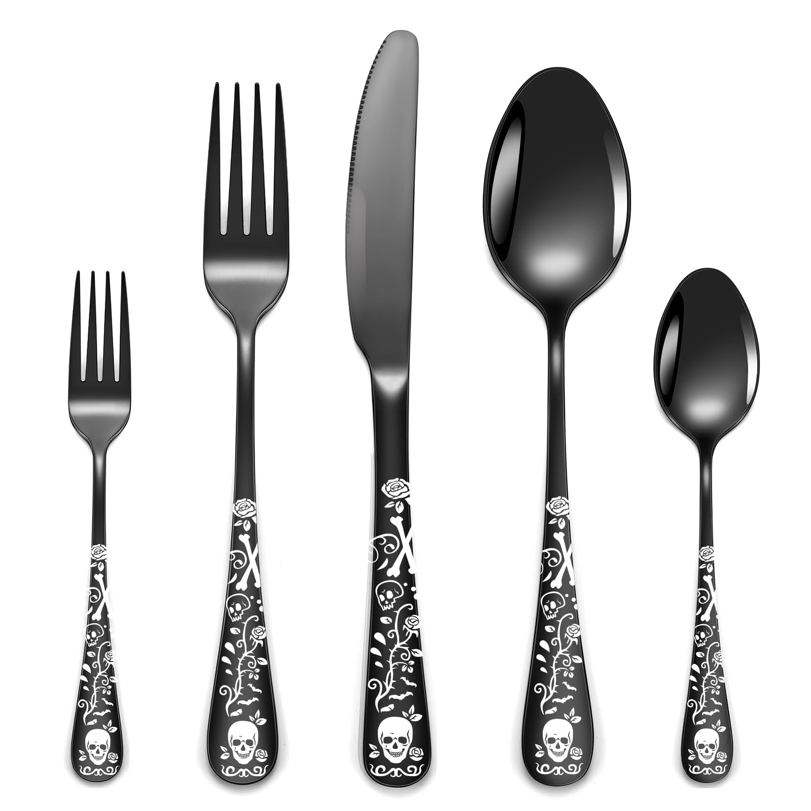40-Piece Black Skull Silverware Set for 8, Flatware Set Stainless Steel Spoons,Forks,Knife Pattern Unique Design Utensil Sets Tableware Cutlery, Mirror Polished,Dishwasher Safe Decorative Party Suppl