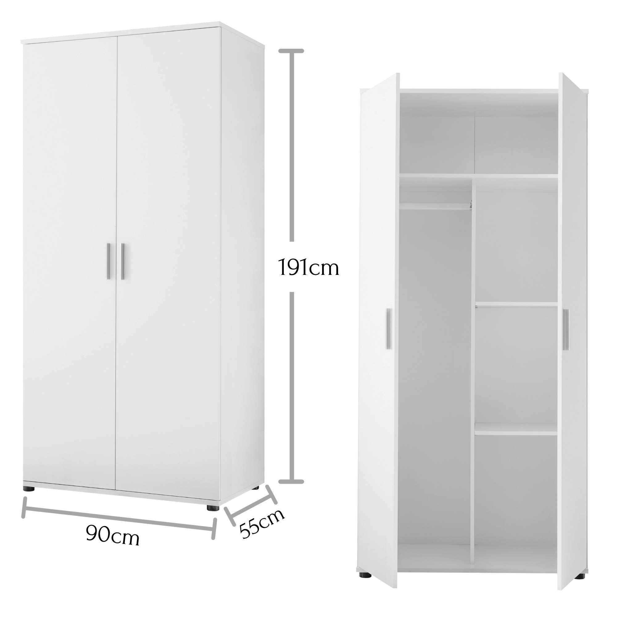 Stella Trading BIBO Eleganter Babyzimmer Kleiderschrank 2-türig 90 x 191 x 55 cm weiß