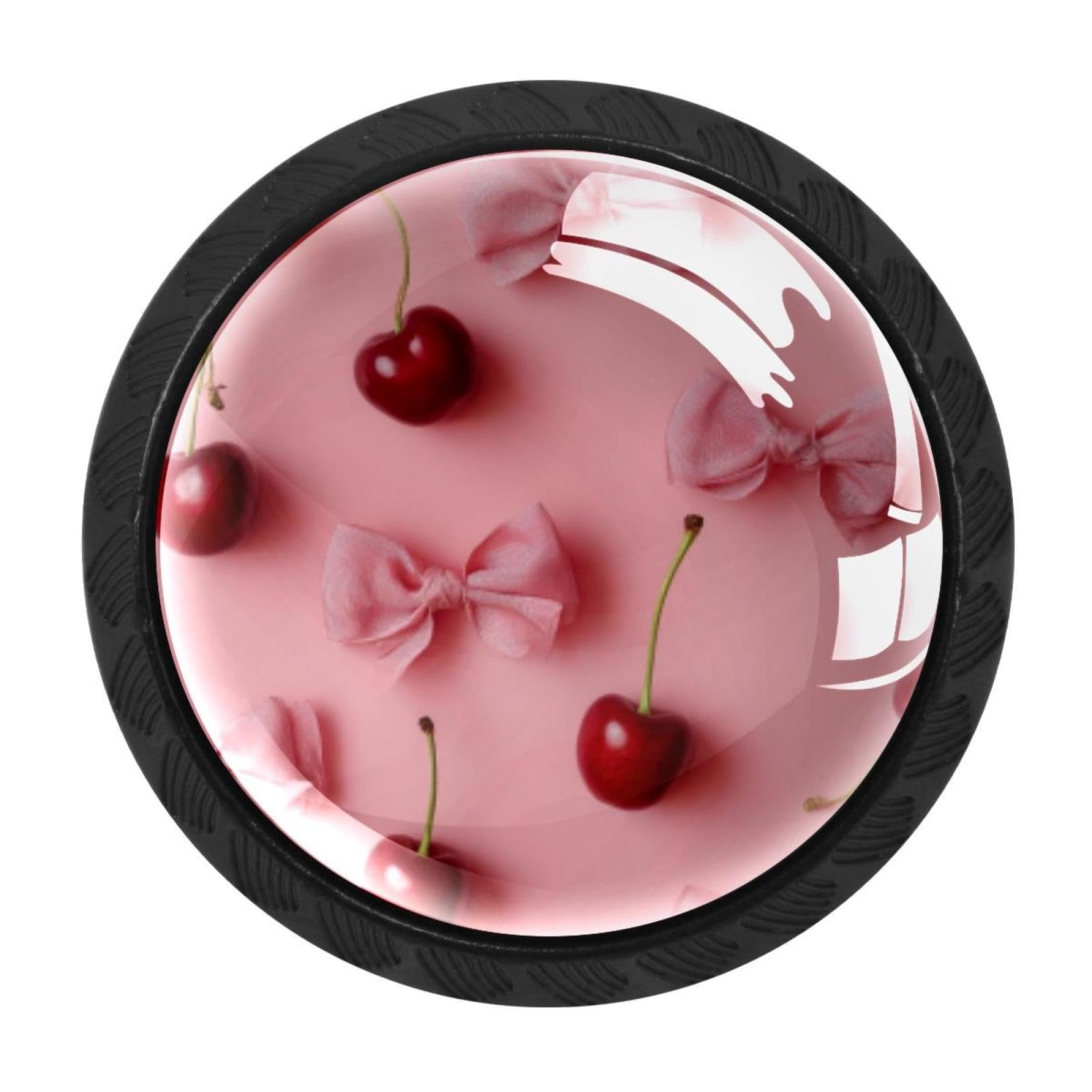 CHENZZZZ 4 Pieces Pink Bows and Cherries on Pink Backgroun (1) Drawer Knobs, 35mm Black Cabinet Knobs, Drawer Pulls and Knobs, Dresser Drawer Knobs, Cabinet Hardware Kitchen Cabinet Knobs