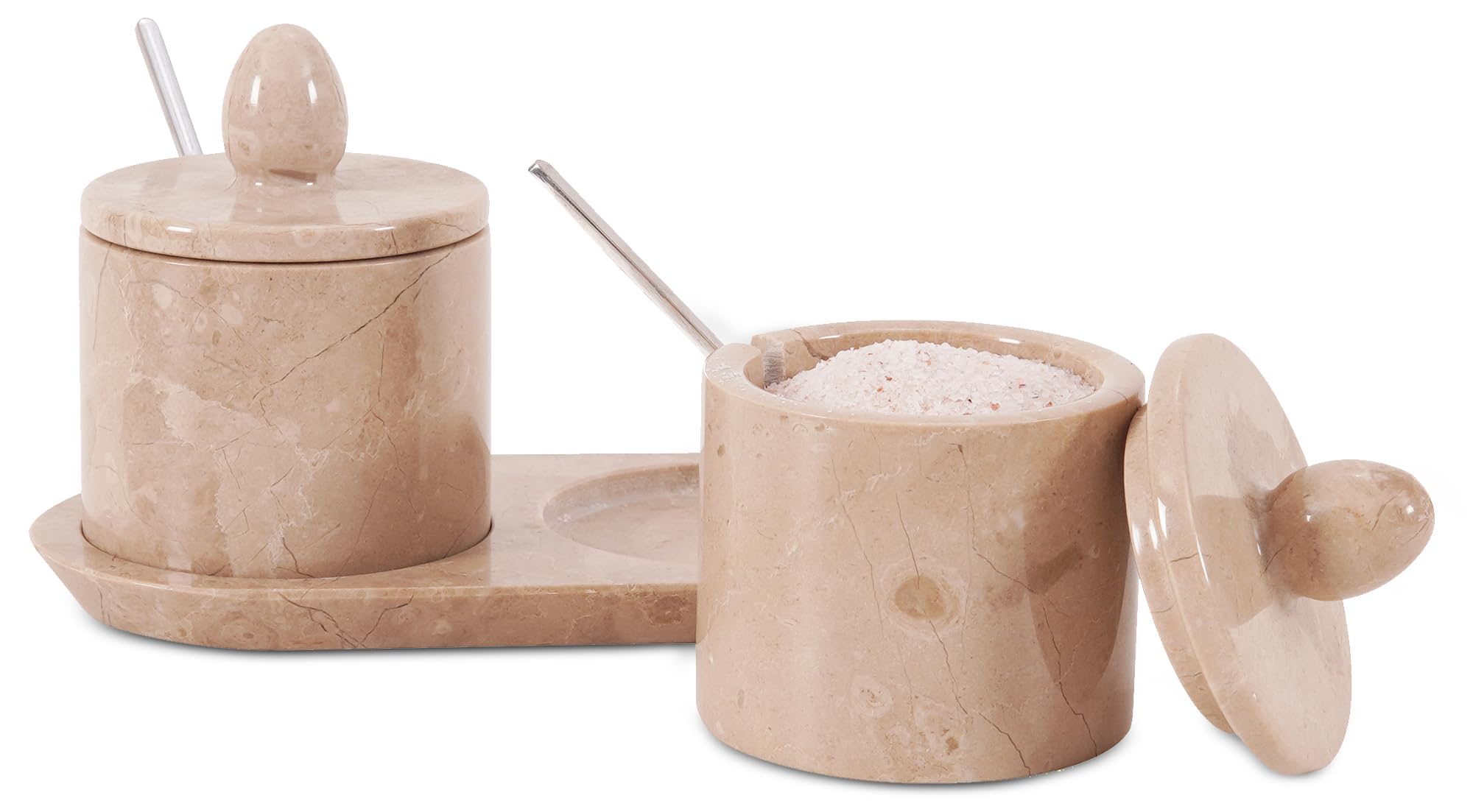 Marmor-Salzkeller mit Deckel und Tablett, 10,2 cm, handgefertigt, Salzbehälter, Set mit 2 Gewürzgläsern, Gewürzbehälter für Küchenarbeitsplatte, Gewürzgläser, Zuckerdose