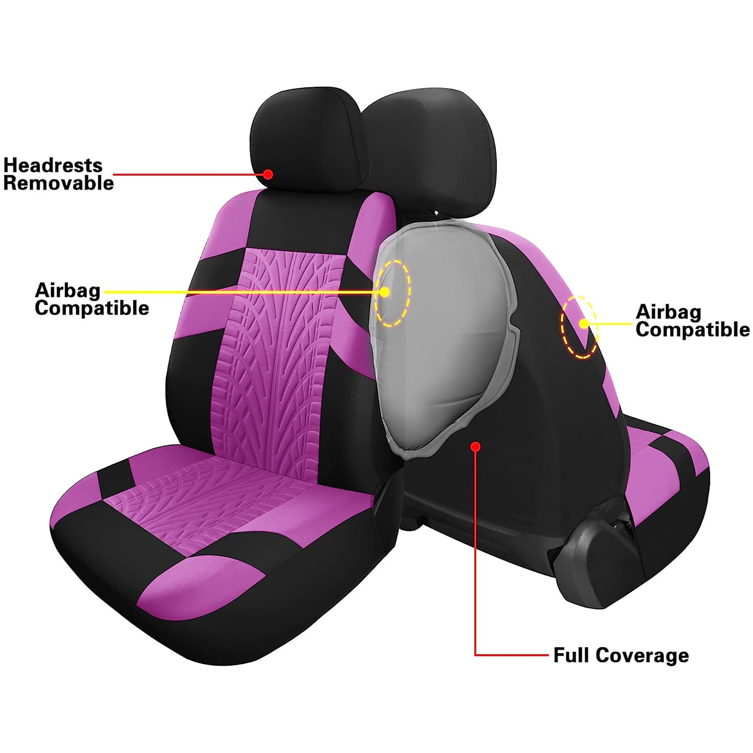 VarCozy Autositzbezüge, komplettes Set, Vordersitze und Geteilte Rückbank für Auto, Universal-Tuch, SUV, Limousine, Van, Auto-Innenbezüge, Airbag-kompatibel, Schwarz und Lila
