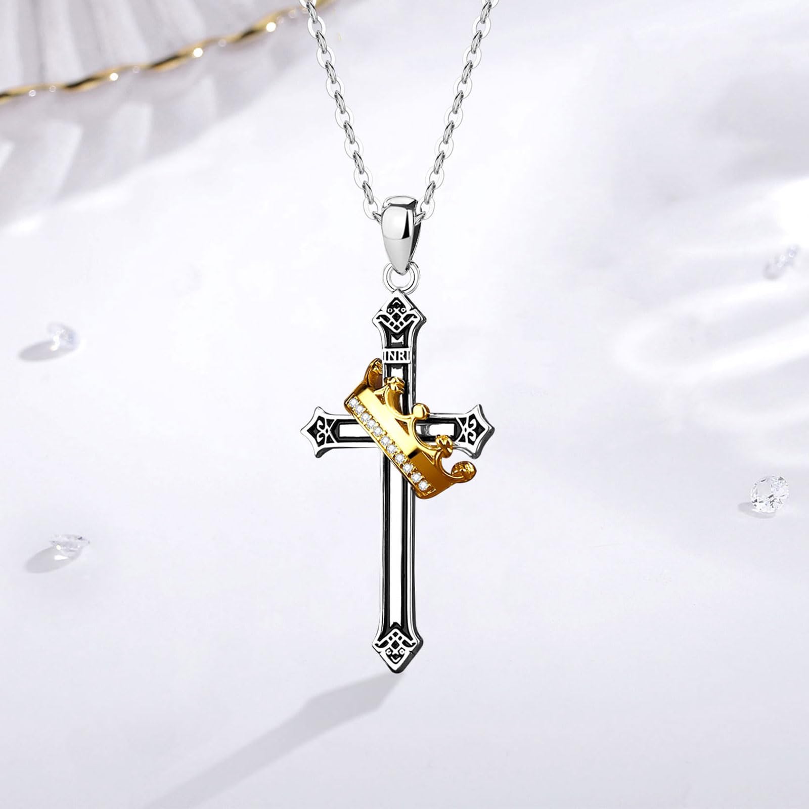 CELESTIA Naszyjnik damski srebrny krzyż srebro próby 925 krzyż dziewczyna z pozłacaną koroną - regulowany łańcuszek ze stali nierdzewnej 51 cm, biżuteria prezent dla kobiet oryginalny