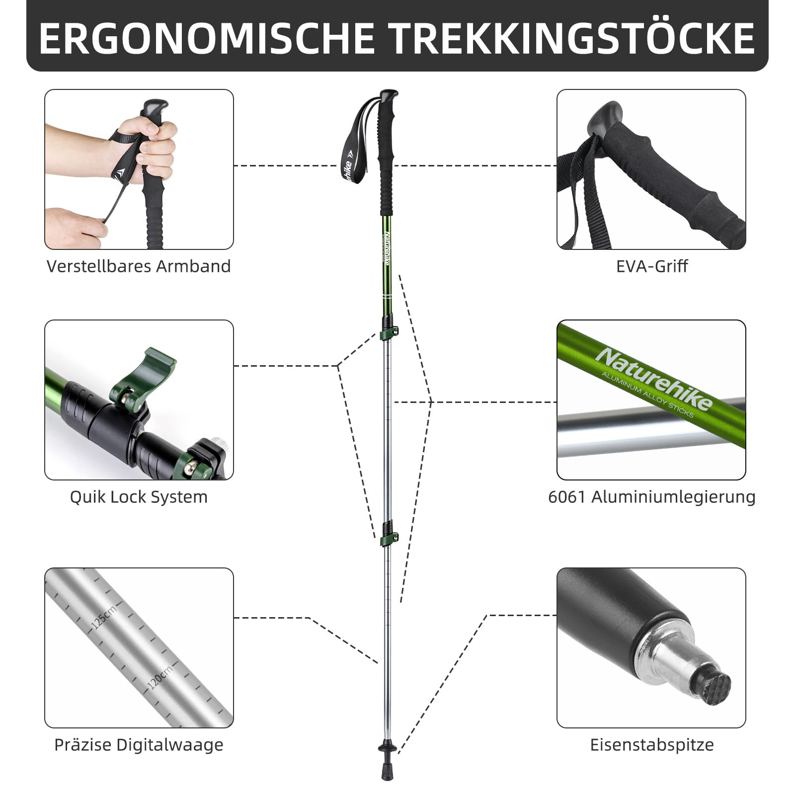 Naturehike Wanderstöcke Aluminium | 61-135cm Verstellbar | Leicht & Stabil | 250g Pro Stock
