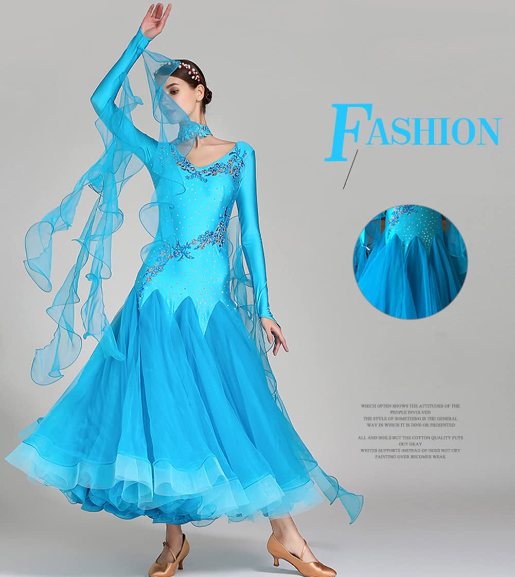 Robes Danse Salon pour Femmes,Robe compétition Valse Foxtrot brodée au Diamant exquise, Robe de Danse de Danse Moderne à Manches Longues
