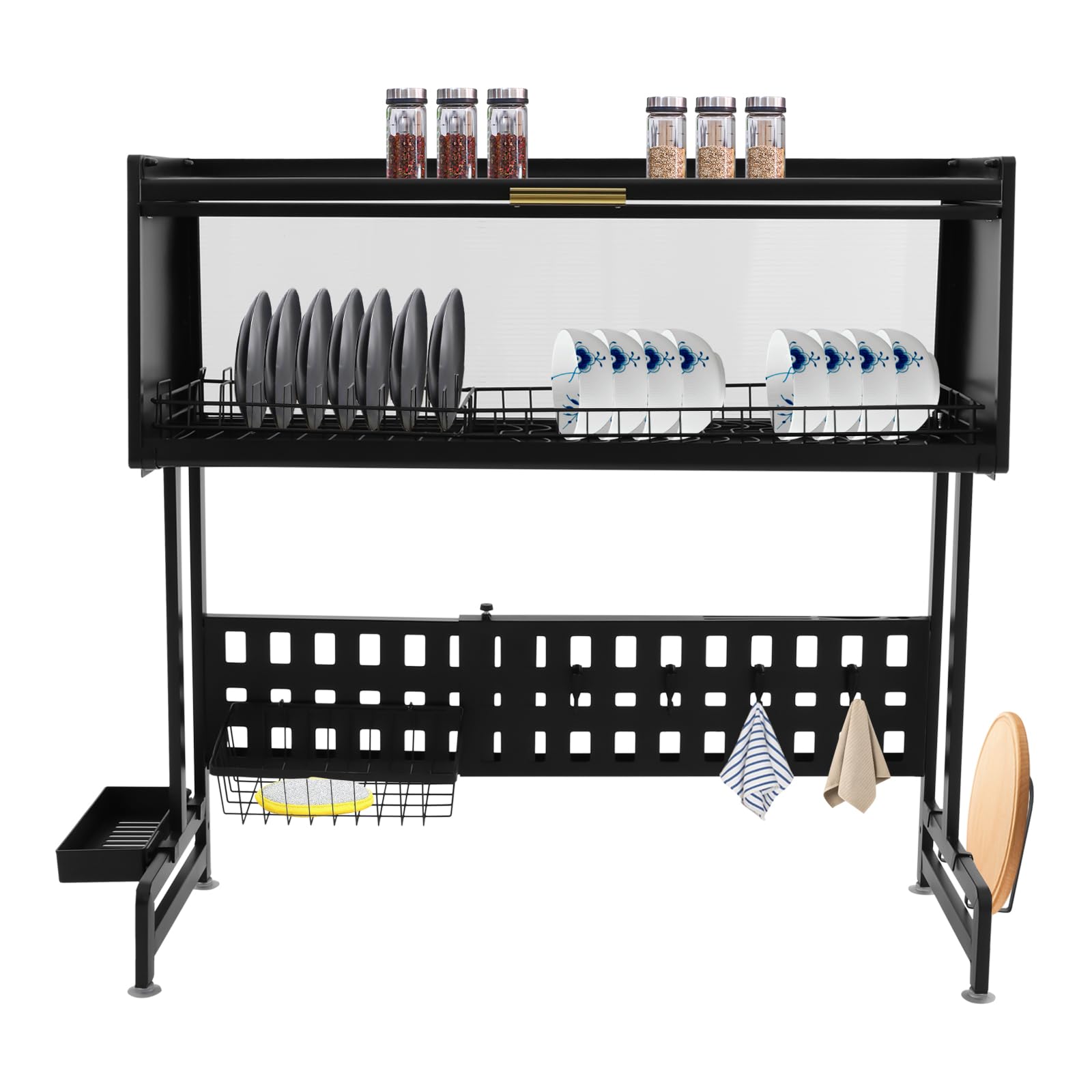 Escurreplatos de acero al carbono con soporte para utensilios, escurridor ajustable sobre el fregadero con agujeros de drenaje, soporte para platos con soporte para tabla de cortar