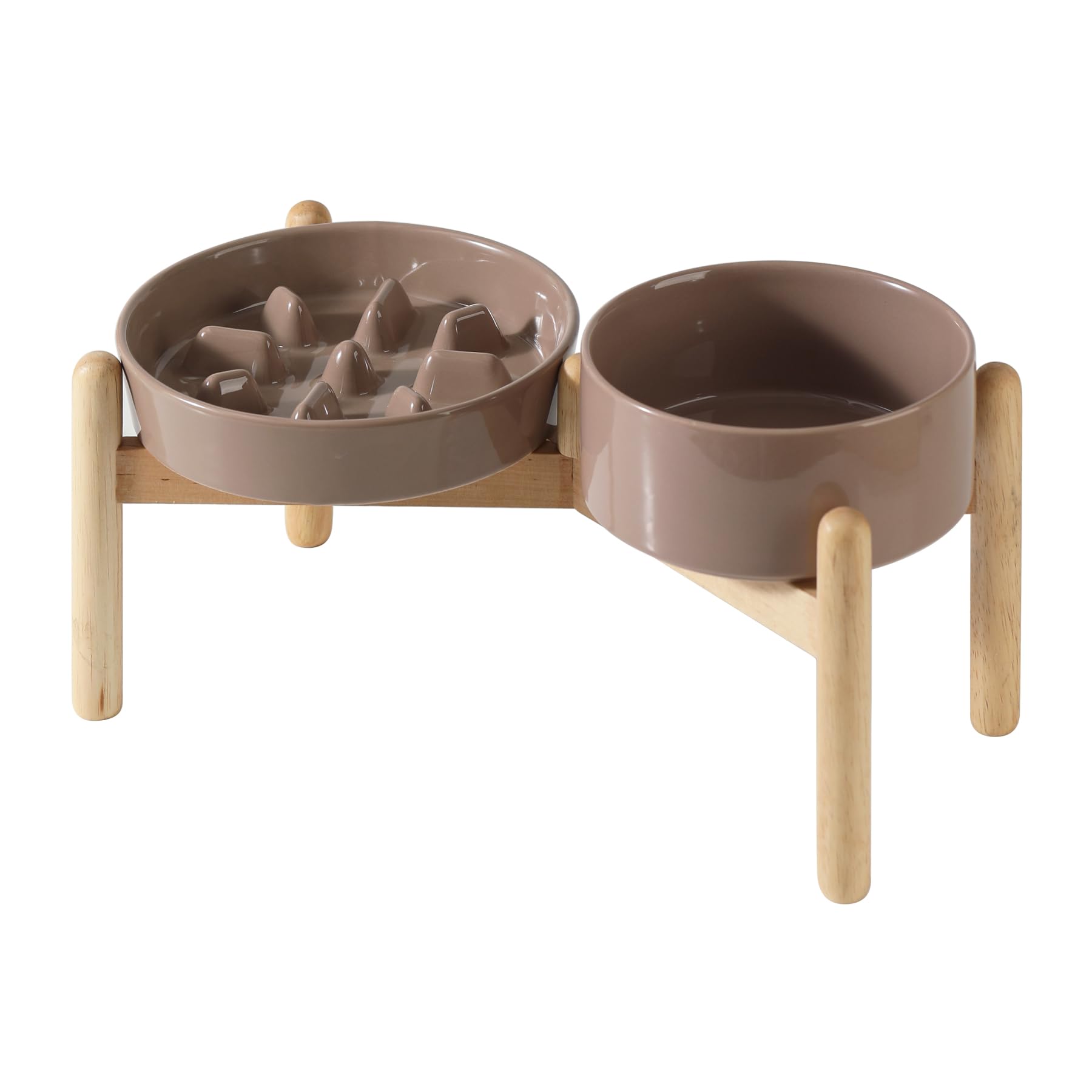 Havniva Ceramic Raised Slow Feeder Dog Bowl Set, Elevated 6.1inch Bowl and 7.3inch Slow Pet Food Dish with Wooden Stand for Small and Medium Dog (2 x Brown Coffee+ Stand)