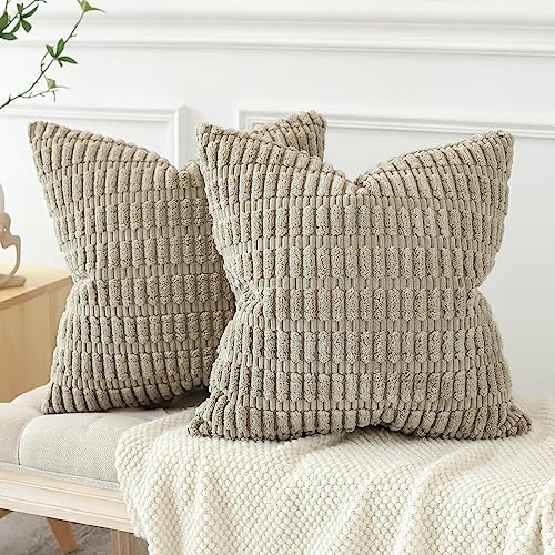 JOTOM Set of 2 Corduroy Soft Striped Cushion Covers 45x45 cm Decorative Throw Pillow Covers Square Cushion Case Home Boho Decor Pillow Cases for Couch Sofa Bedroom 18x18 Inch (Taupe) - Image 4