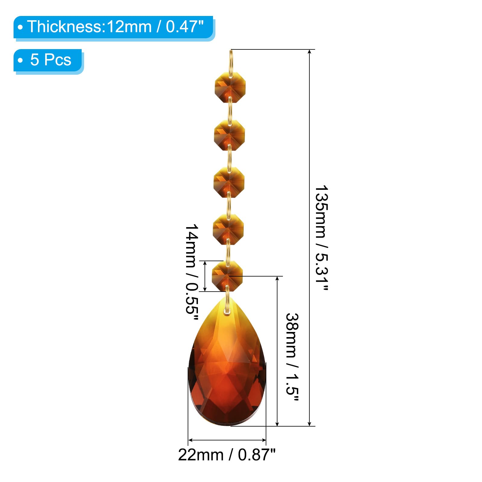 PATIKIL Teardrop Crystal Chandelier, 5 Pack 135mm Length Prisms Part Dark Amber - Image 2